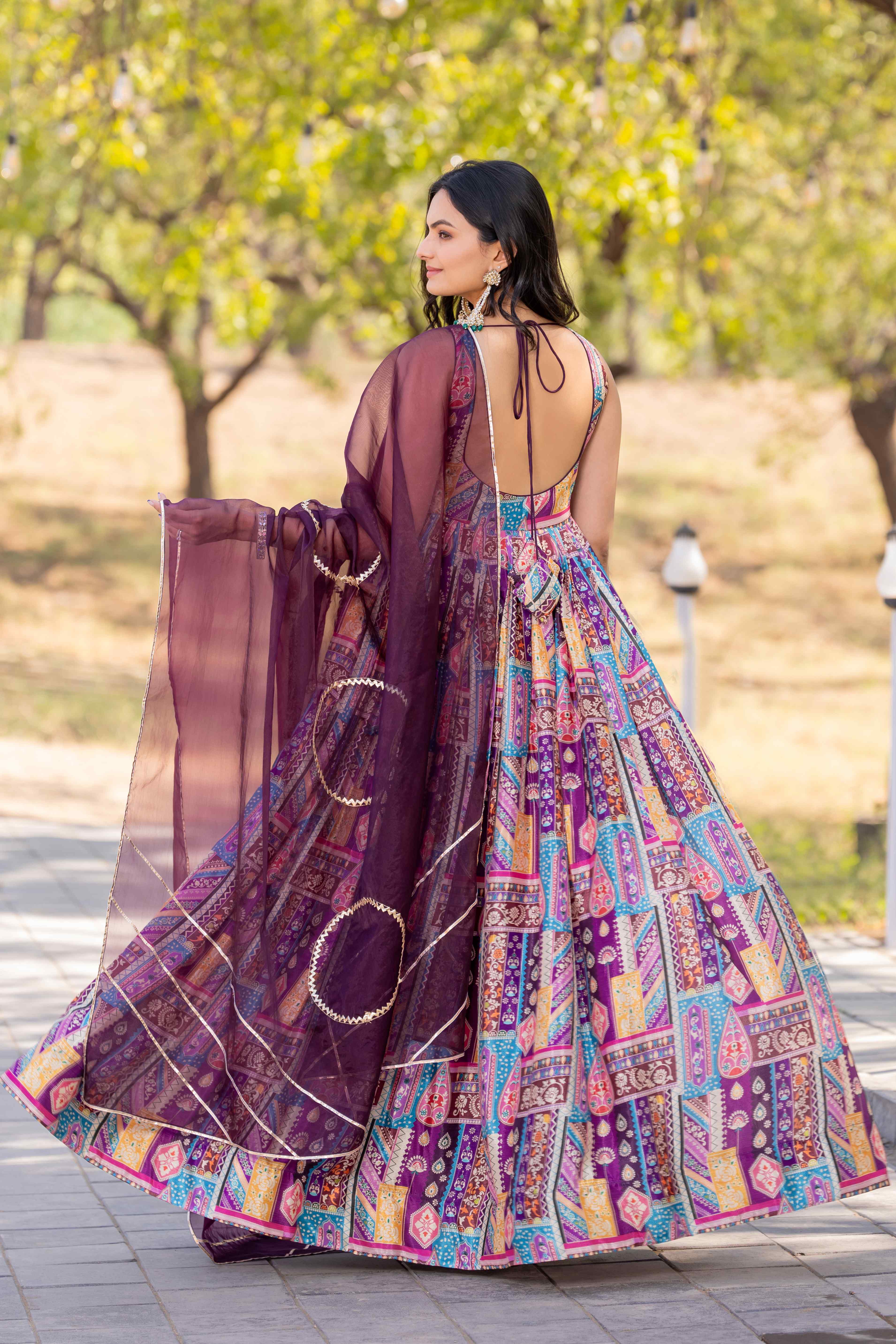 WOMEN'S COLOURFUL PRINTED FLARED DRESS WITH ORGANZA DUPATTA SET