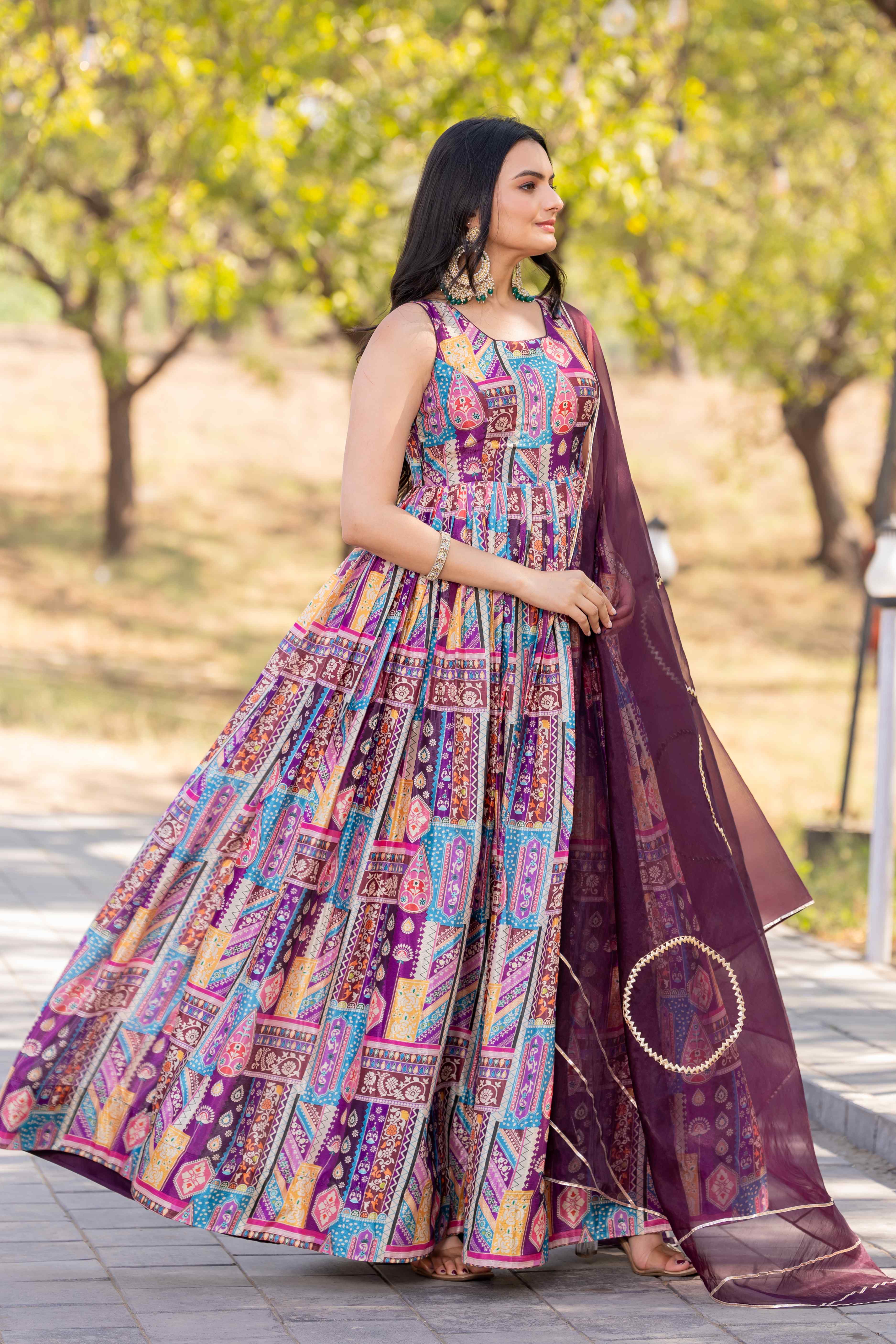 WOMEN'S COLOURFUL PRINTED FLARED DRESS WITH ORGANZA DUPATTA SET