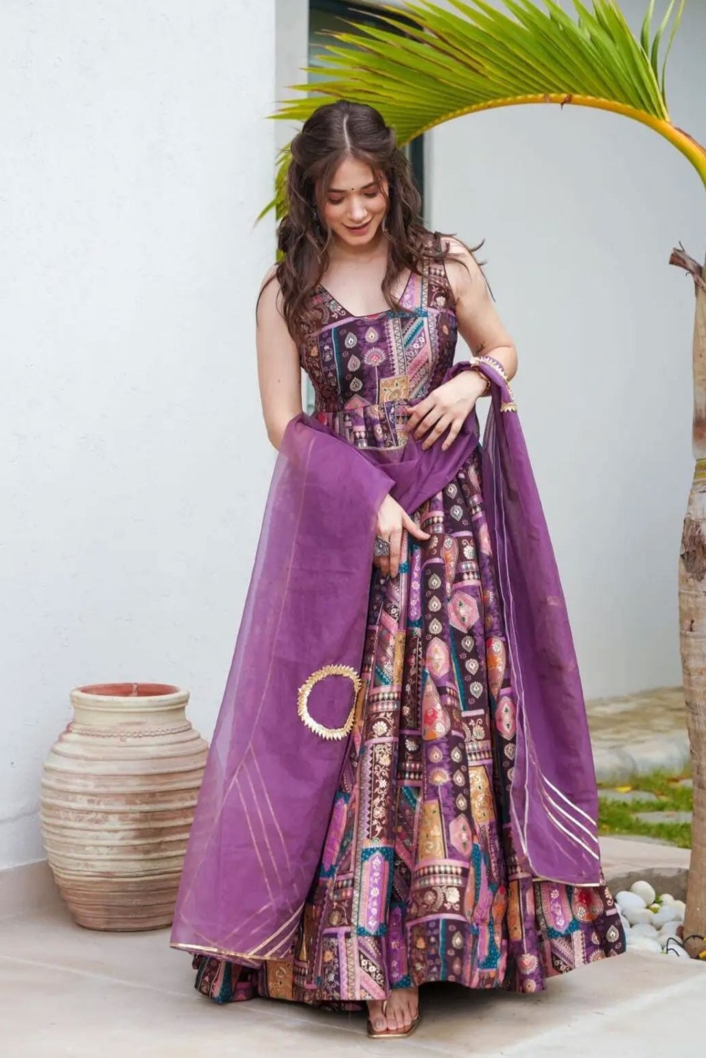 WOMEN'S FLARED GOWN PAIRED WITH ORGANZA DUPATTA