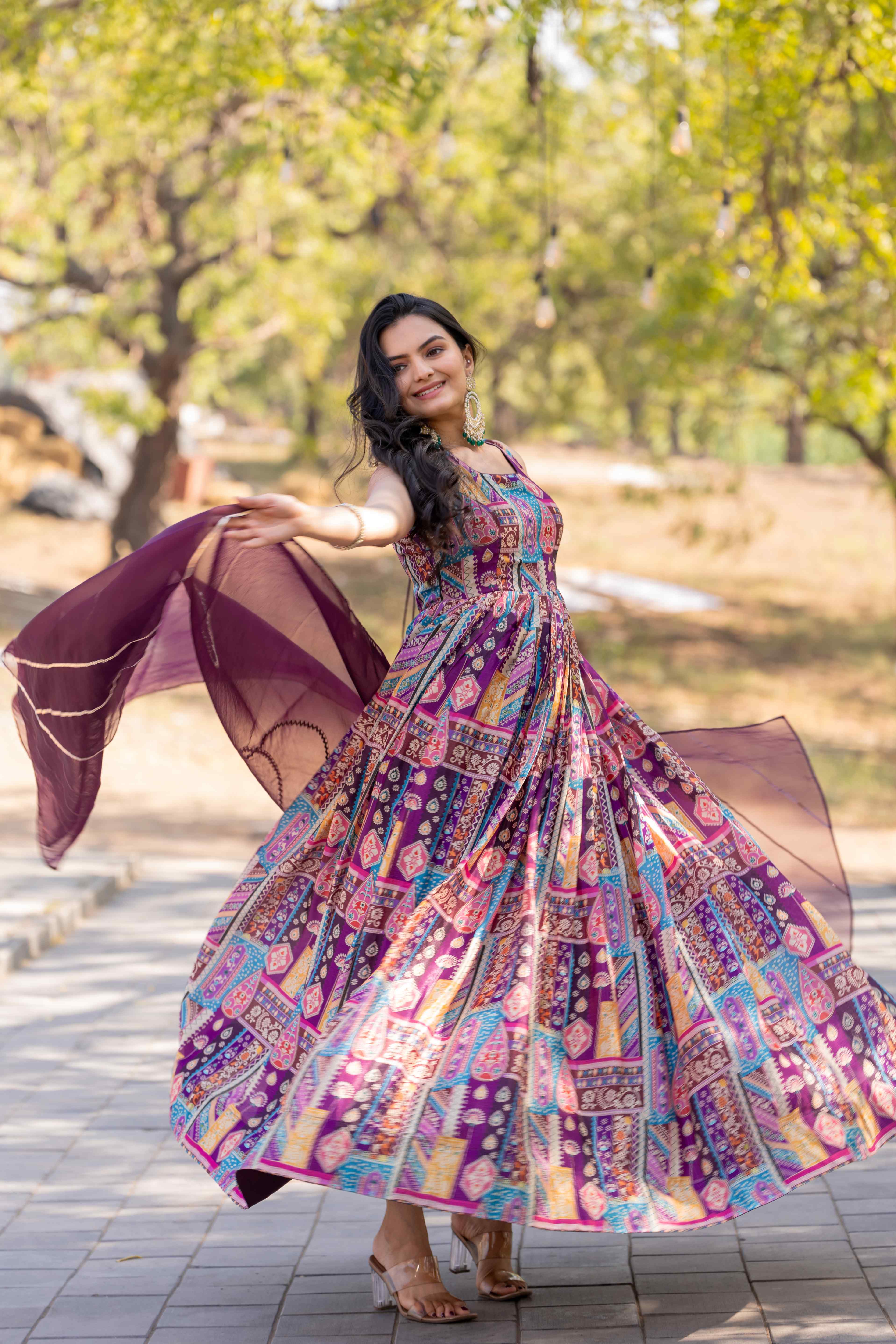 WOMEN'S COLOURFUL PRINTED FLARED DRESS WITH ORGANZA DUPATTA SET