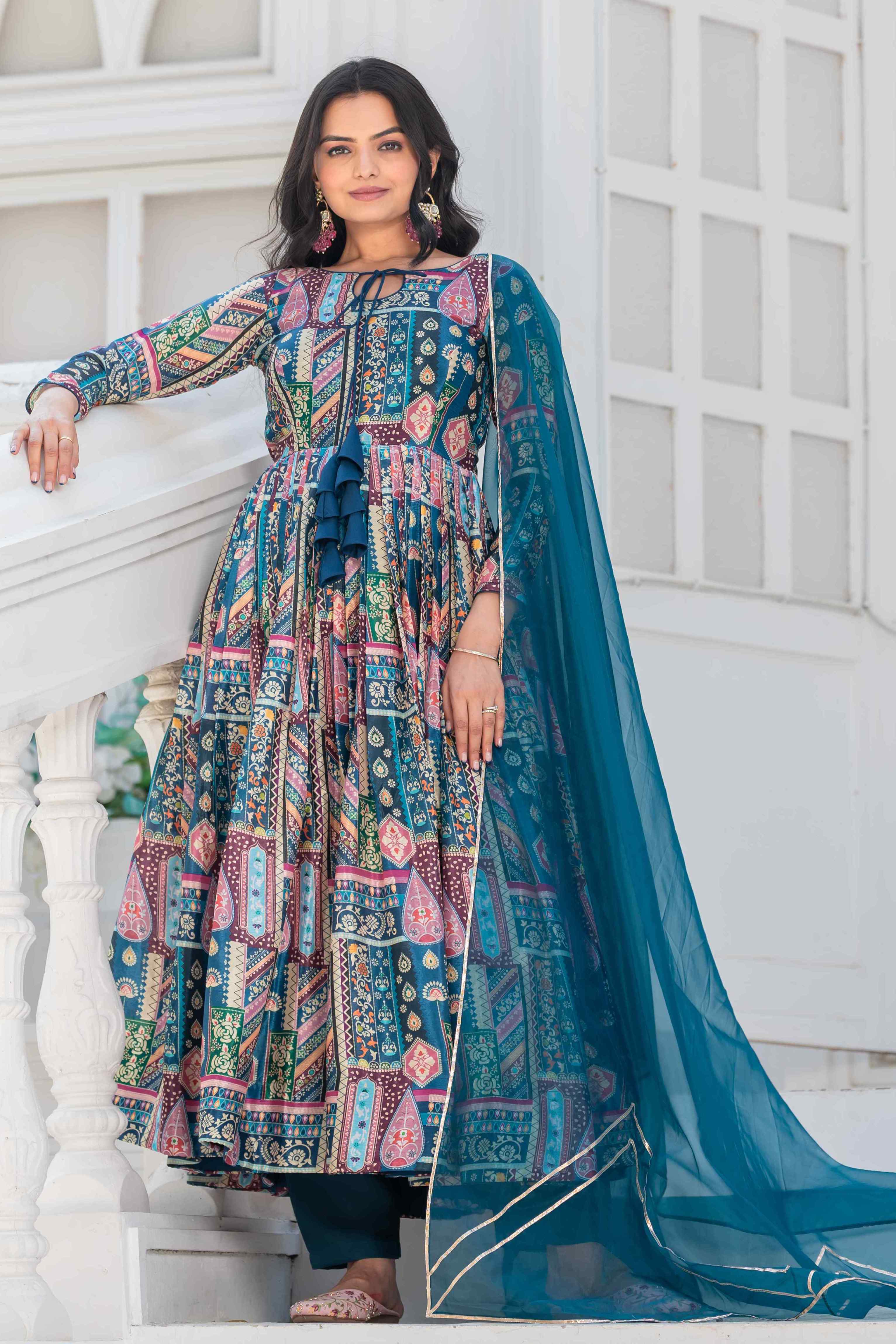 WOMEN'S COLOURFUL PRINTED FLARED DRESS WITH ORGANZA DUPATTA SET