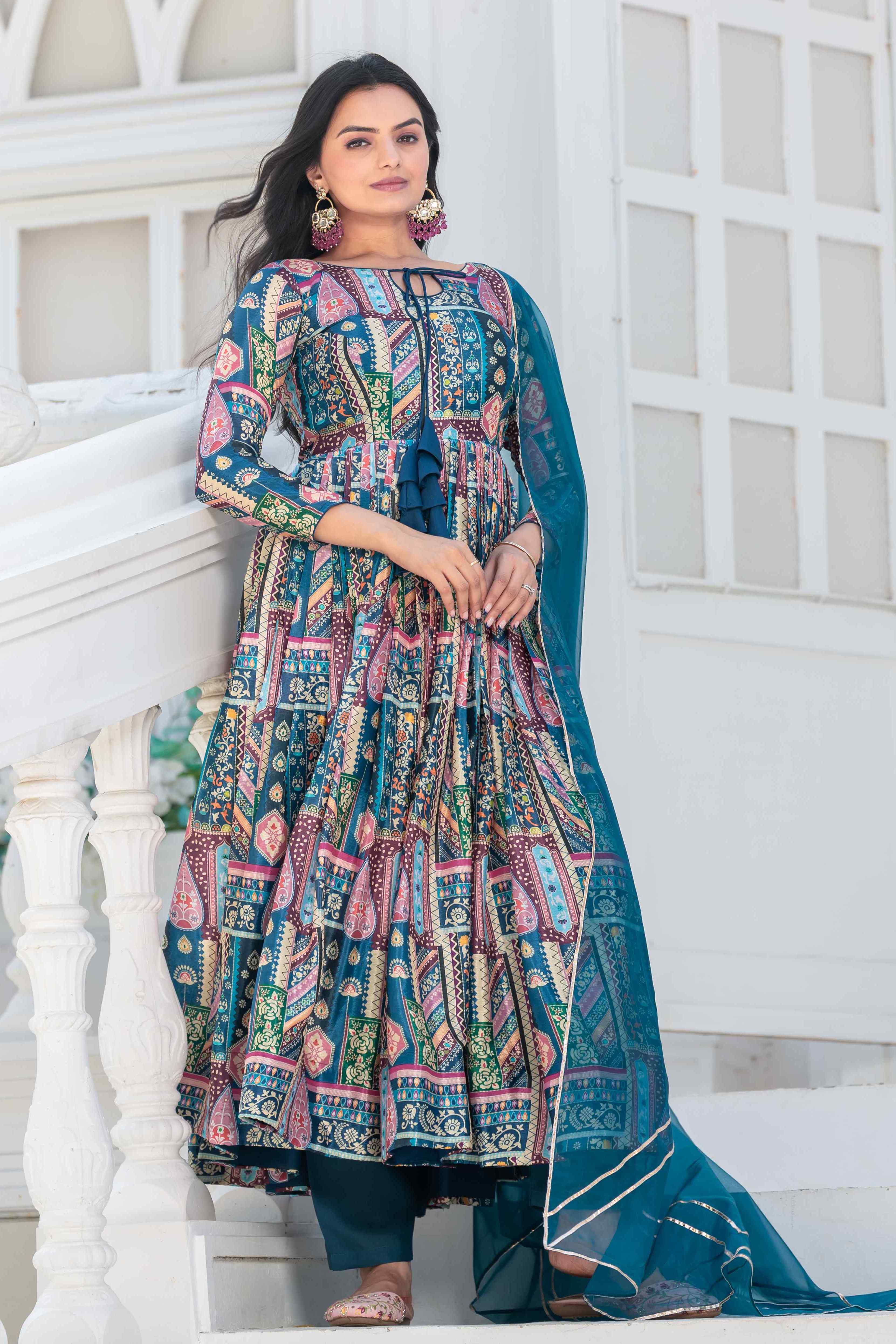 WOMEN'S COLOURFUL PRINTED FLARED DRESS WITH ORGANZA DUPATTA SET