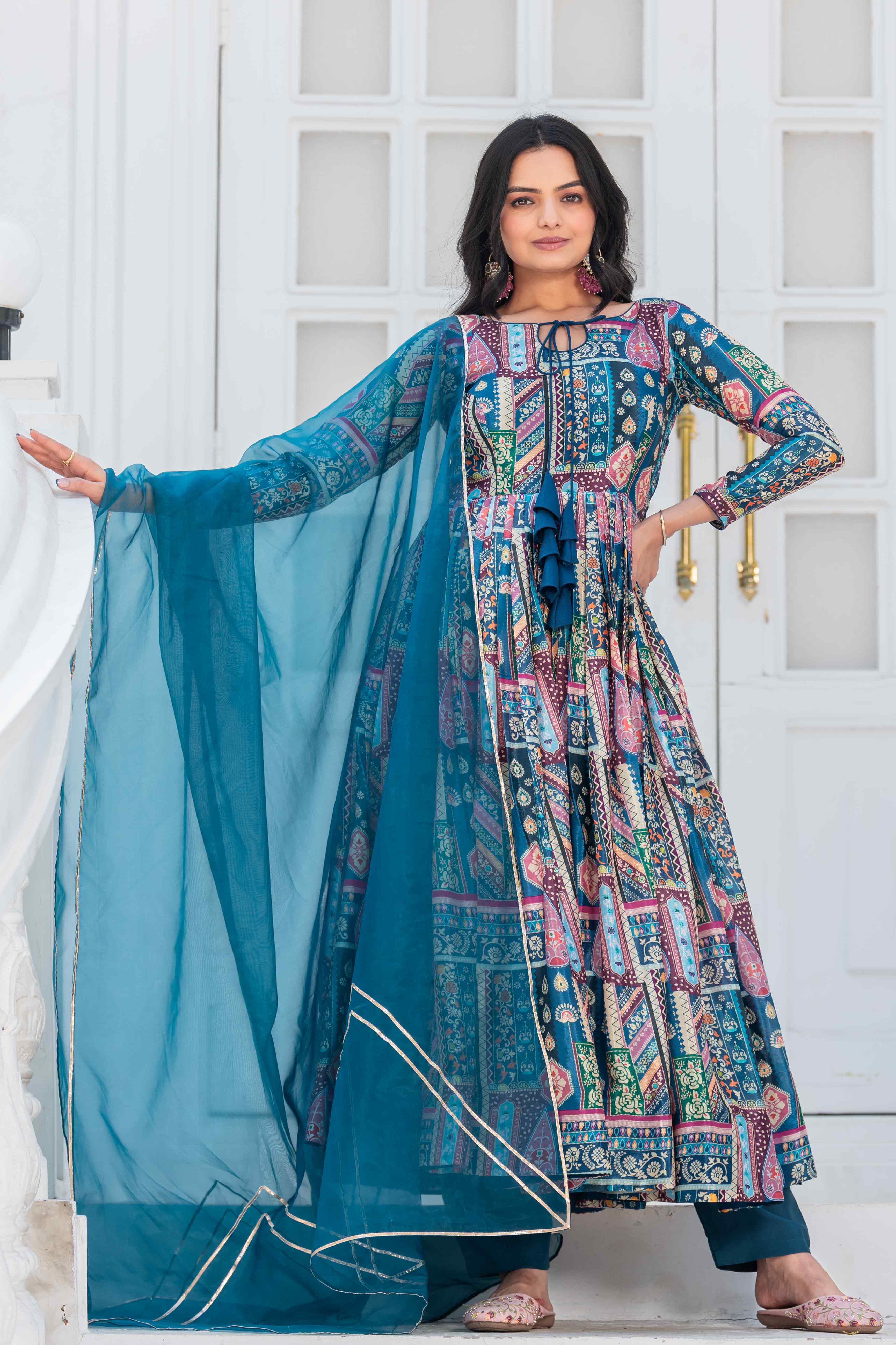 WOMEN'S COLOURFUL PRINTED FLARED DRESS WITH ORGANZA DUPATTA SET