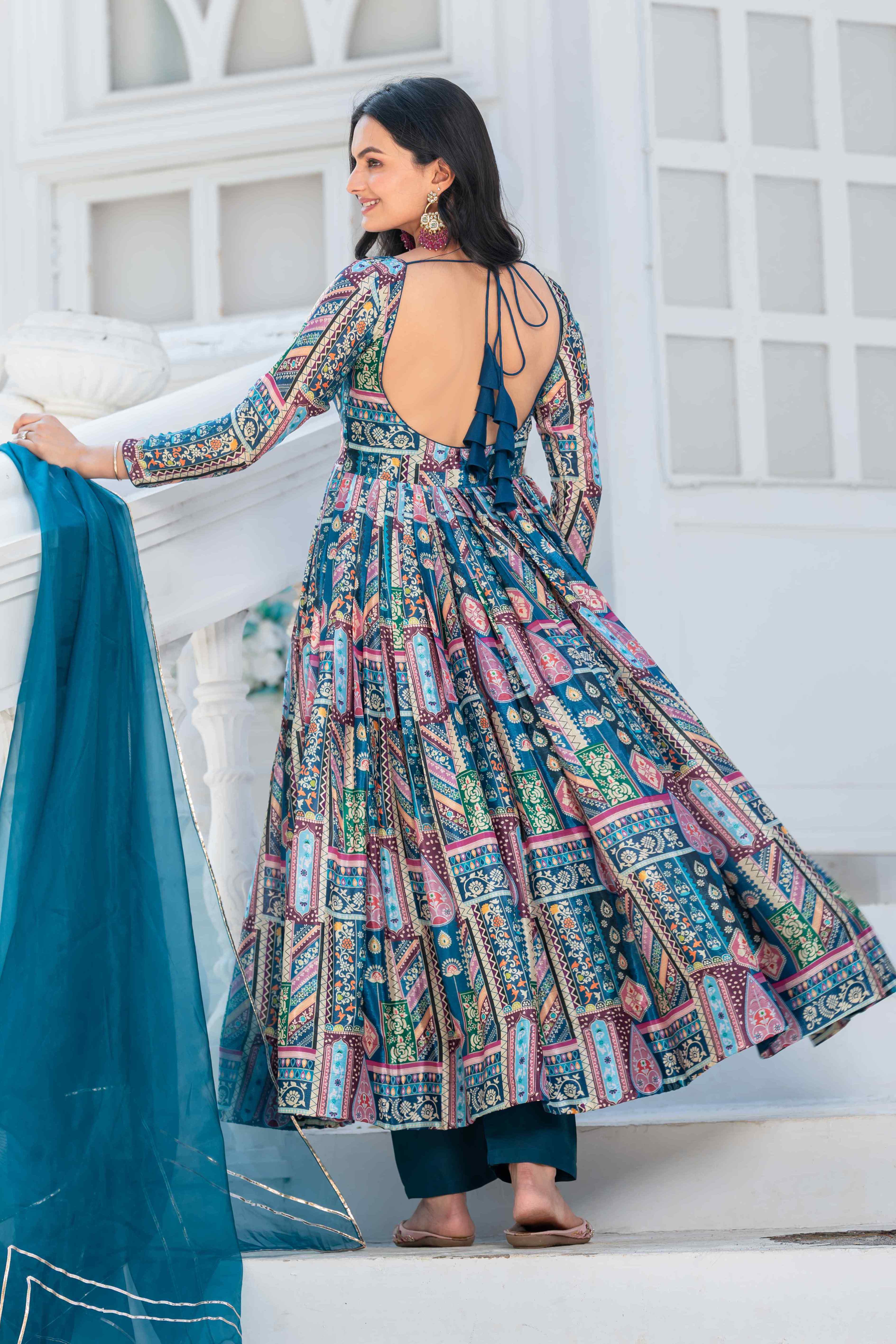 WOMEN'S COLOURFUL PRINTED FLARED DRESS WITH ORGANZA DUPATTA SET