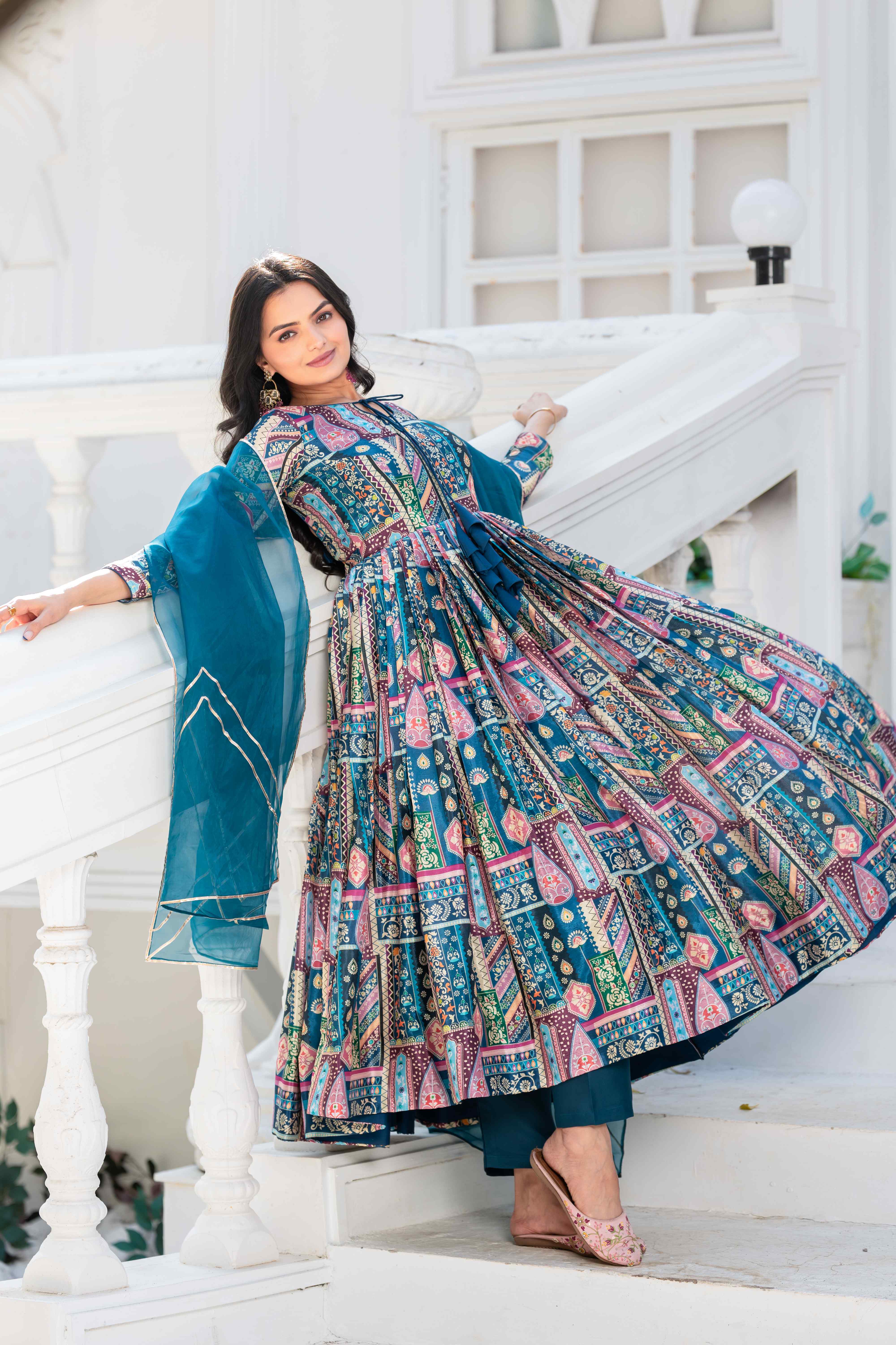 WOMEN'S COLOURFUL PRINTED FLARED DRESS WITH ORGANZA DUPATTA SET