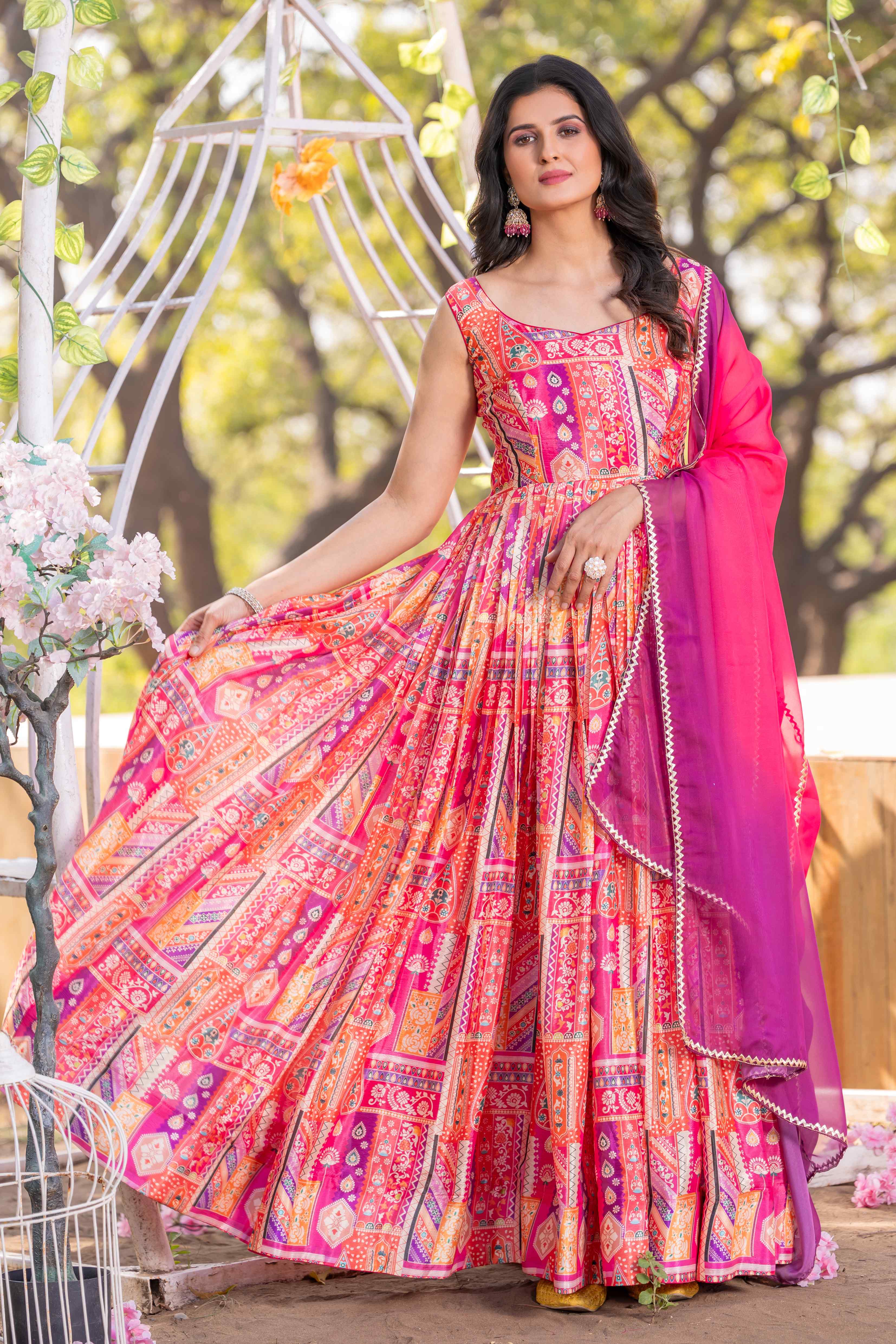 WOMEN'S COLOURFUL PRINTED FLARED DRESS WITH ORGANZA DUPATTA SET