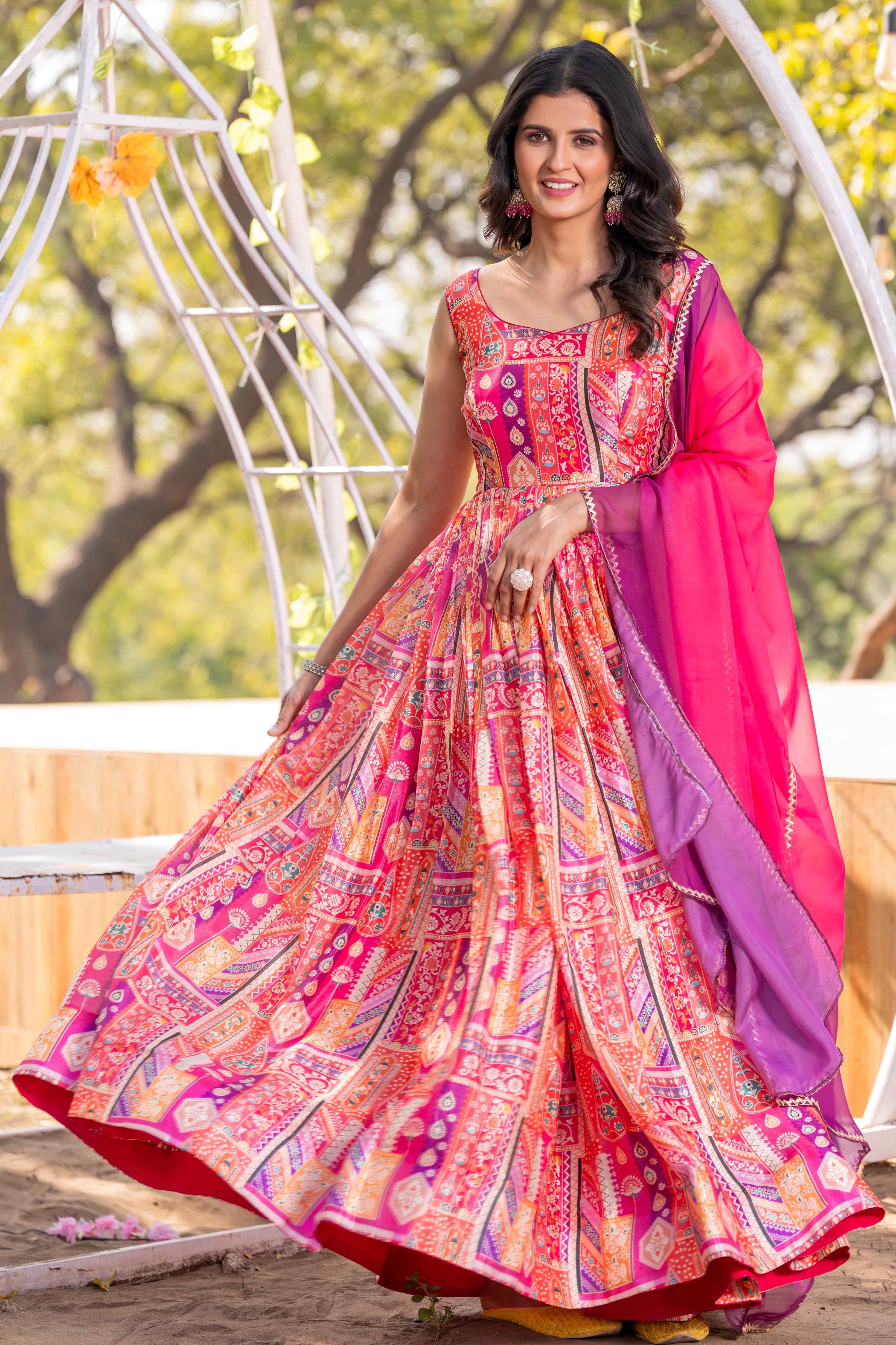 WOMEN'S COLOURFUL PRINTED FLARED DRESS WITH ORGANZA DUPATTA SET