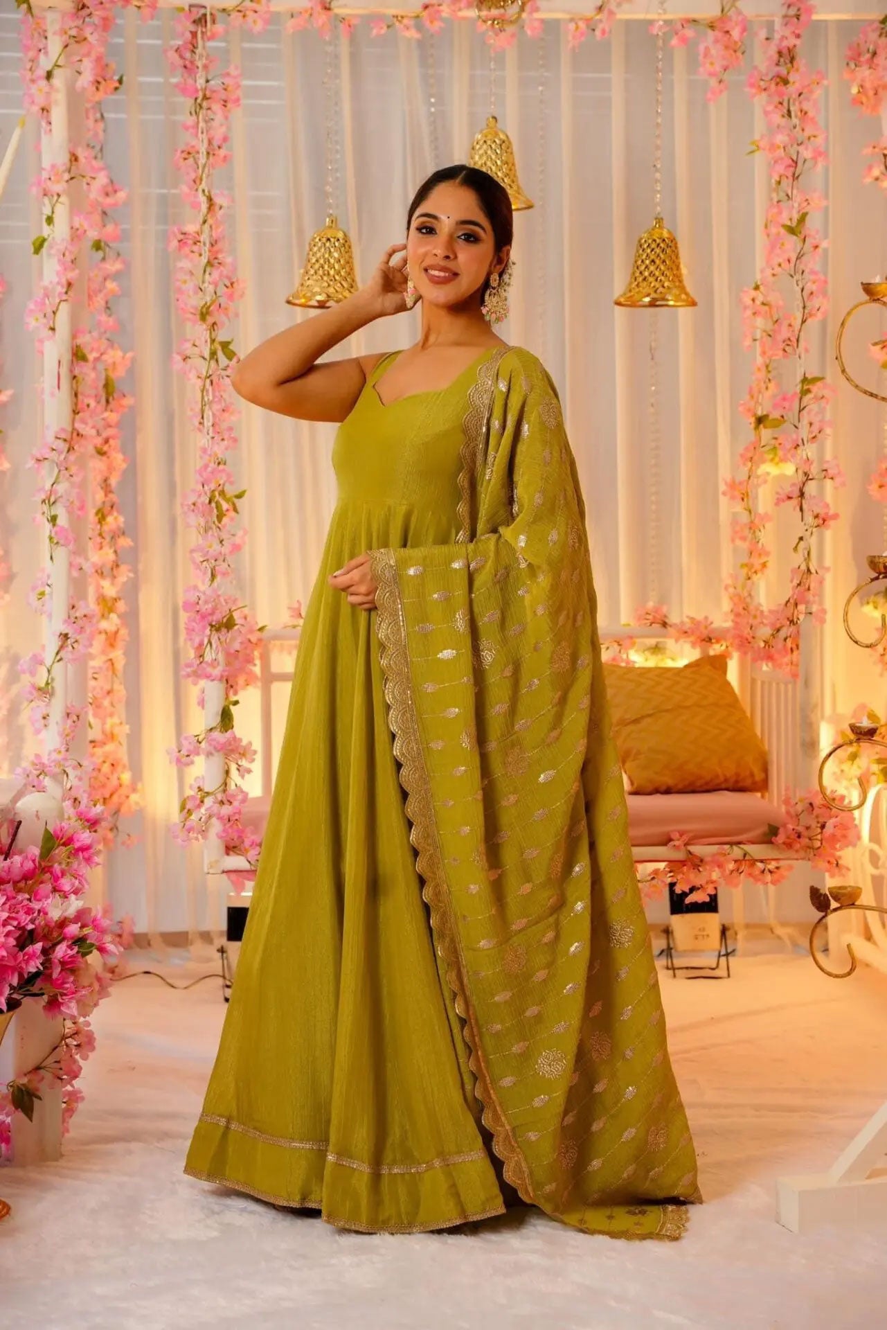 YELLOW FLARED GOWN FOR WOMEN WITH EMBROIDERED DUPATTA & BUNCH OF LATKANS