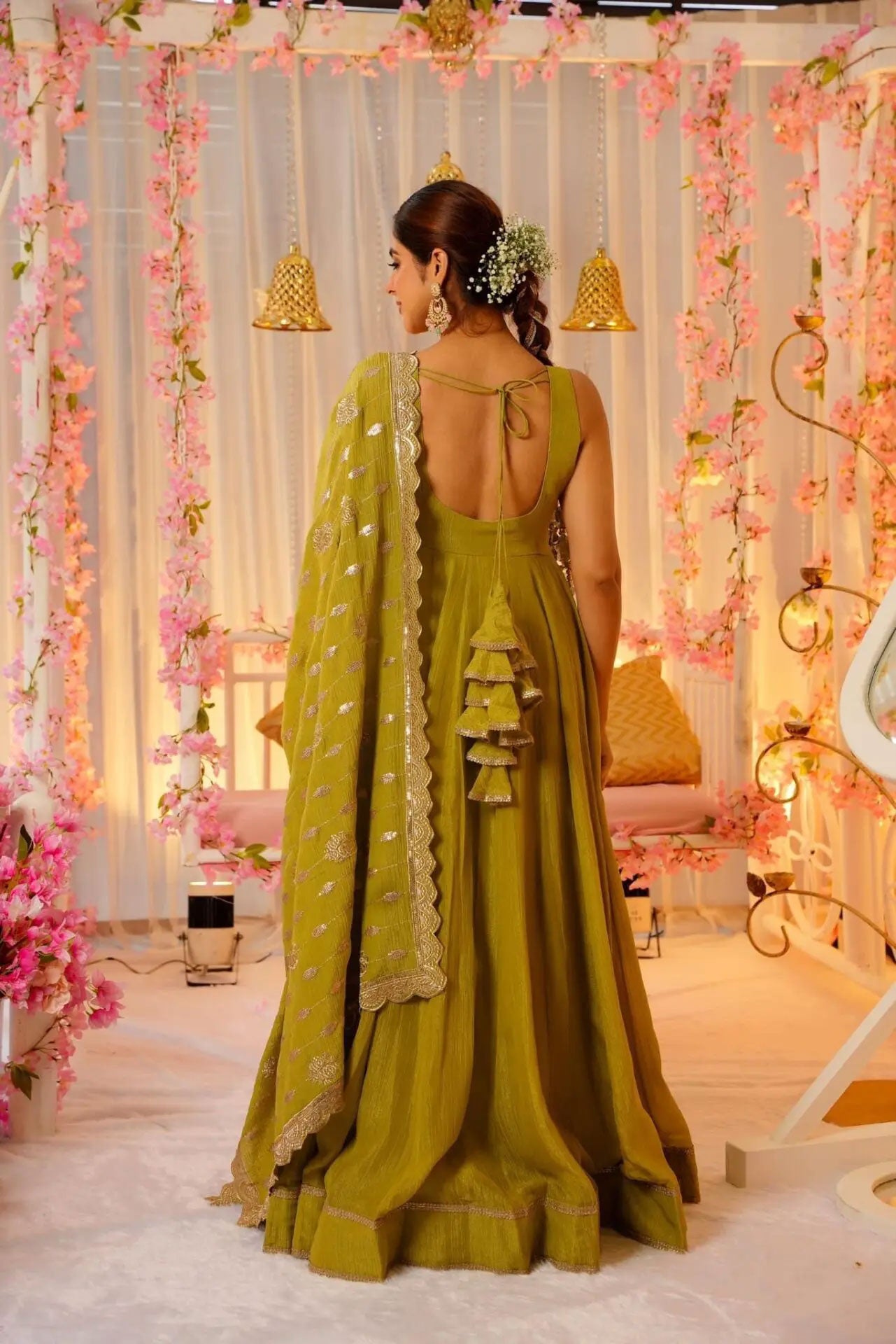 WOMEN'S FLARED GREEN GOWN WITH SEQUINED EMBROIDERED DUPATTA