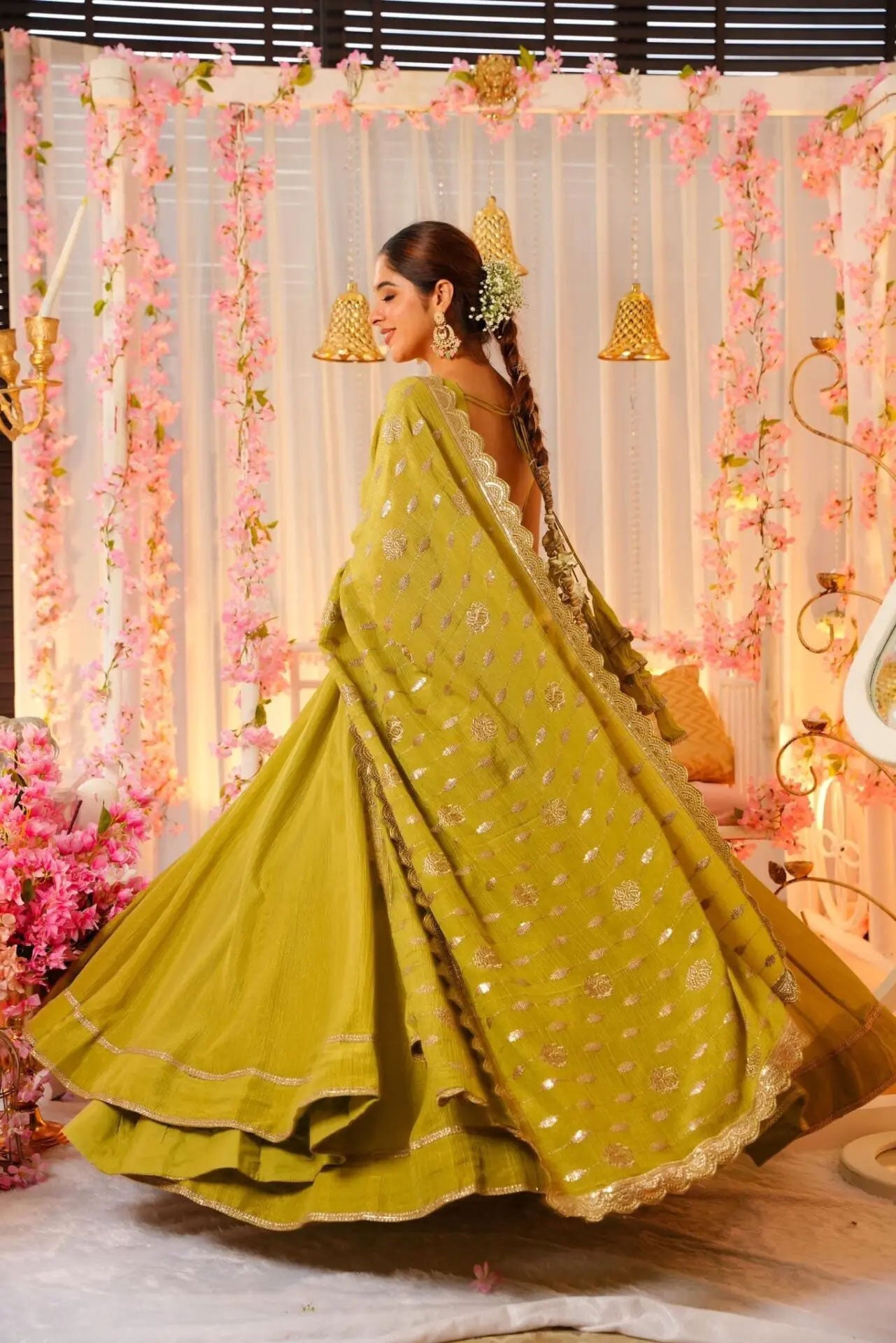 YELLOW FLARED GOWN FOR WOMEN WITH EMBROIDERED DUPATTA & BUNCH OF LATKANS