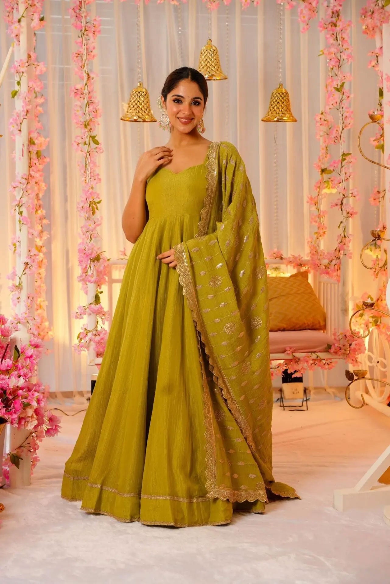 YELLOW FLARED GOWN FOR WOMEN WITH EMBROIDERED DUPATTA & BUNCH OF LATKANS