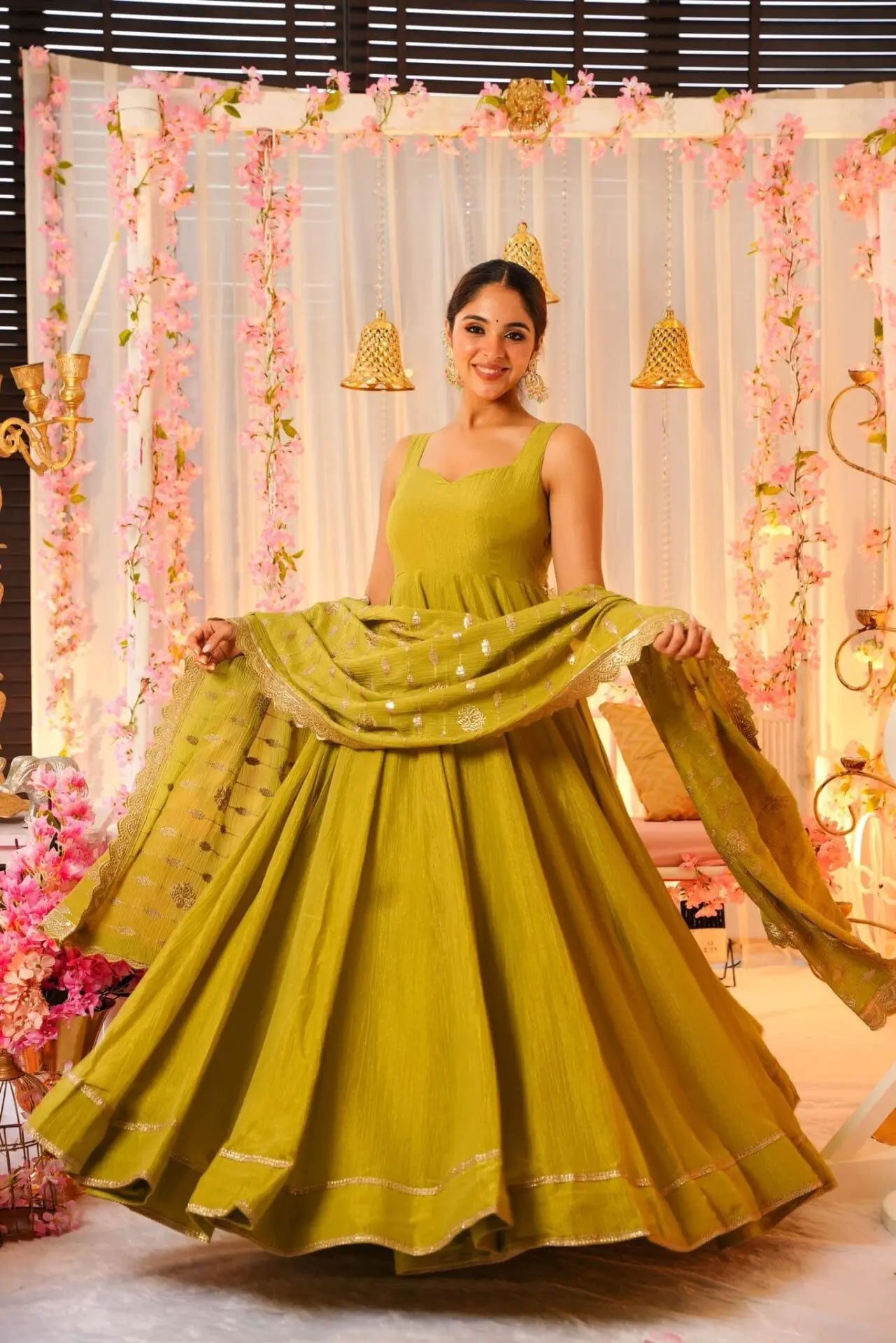 YELLOW FLARED GOWN FOR WOMEN WITH EMBROIDERED DUPATTA & BUNCH OF LATKANS