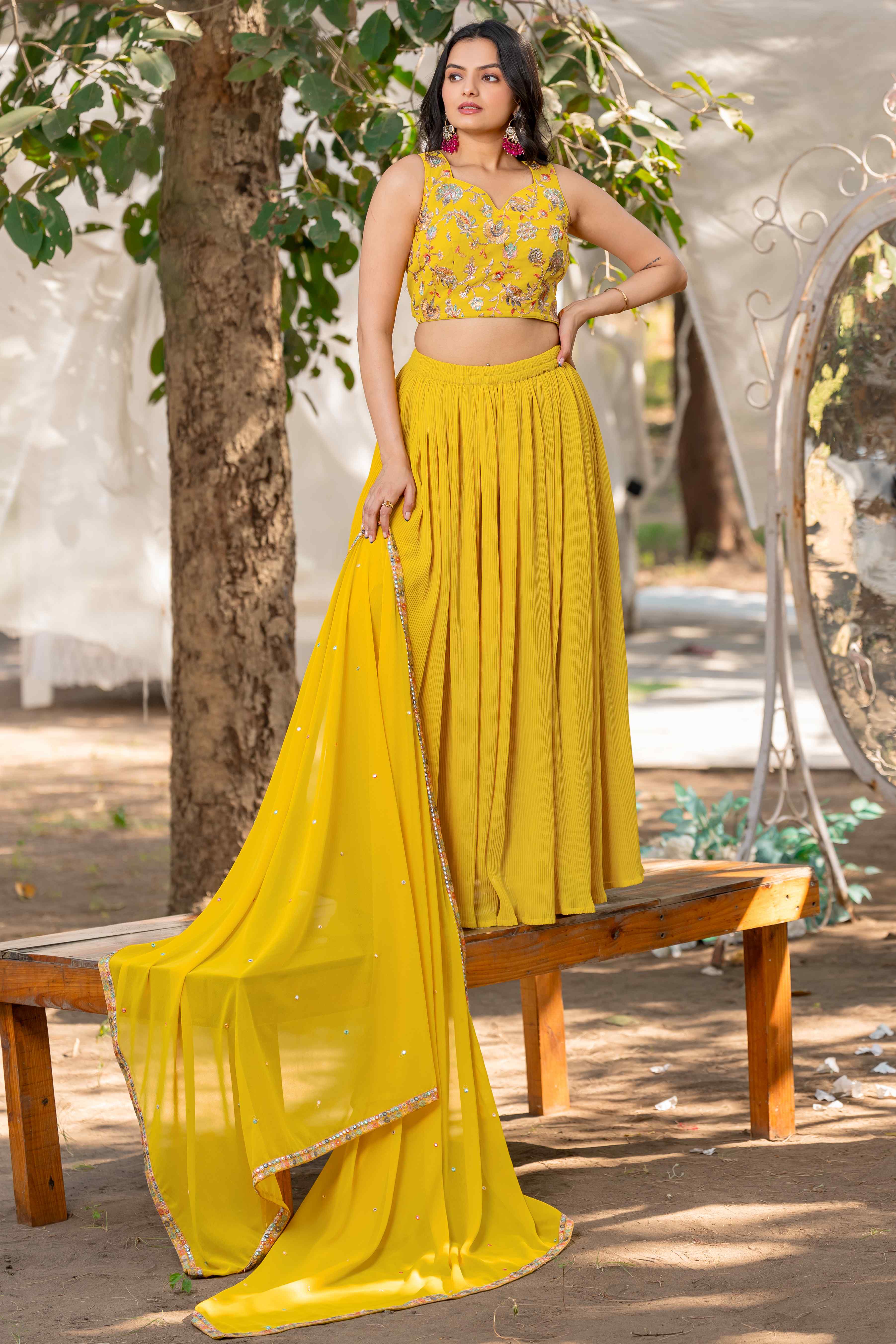 YELLOW FLARED LEHENGA SET WITH BEAUTIFUL EMBROIDERED CHOLI AND EMBROIDERED DUPATTA