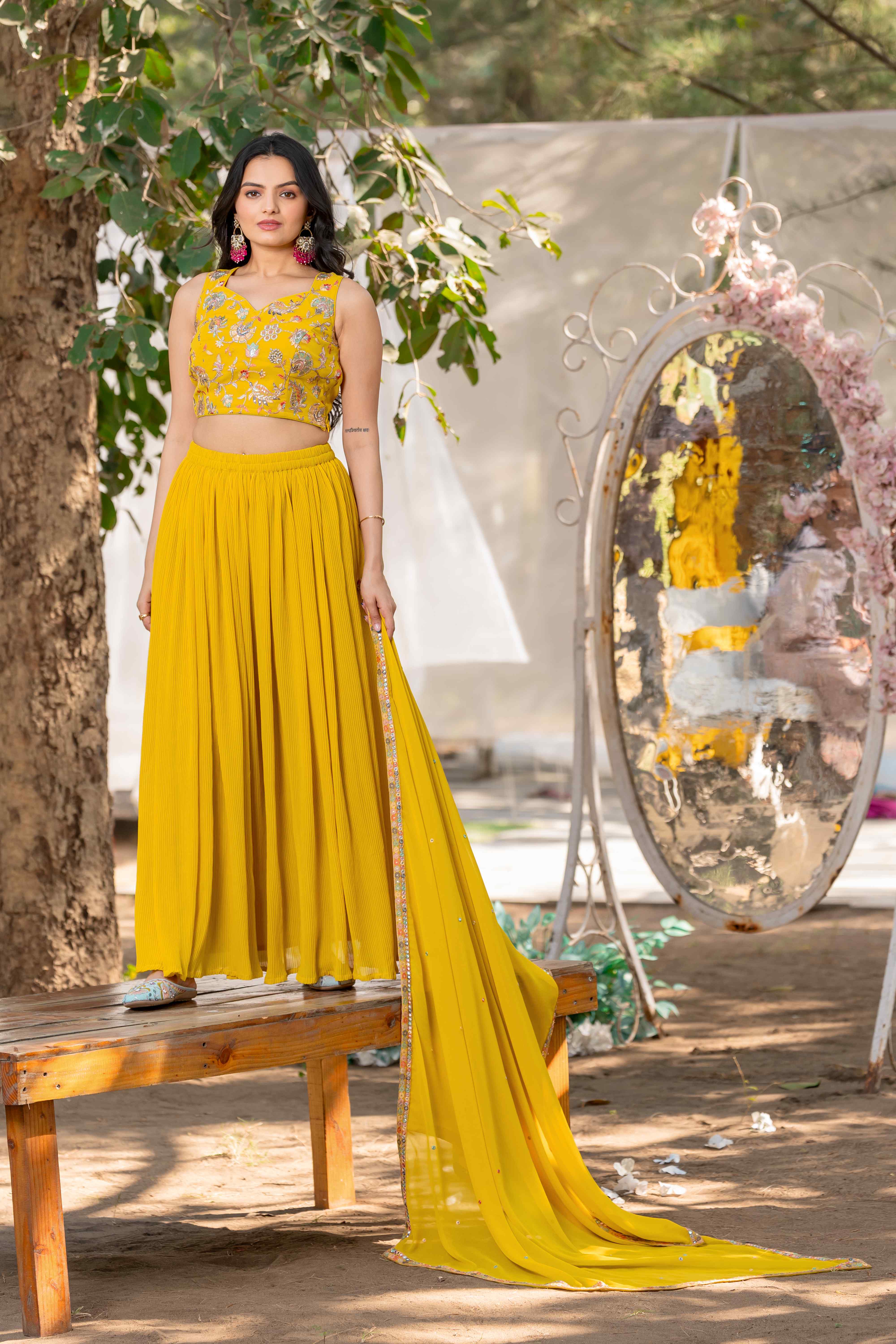 YELLOW FLARED LEHENGA SET WITH BEAUTIFUL EMBROIDERED CHOLI AND EMBROIDERED DUPATTA