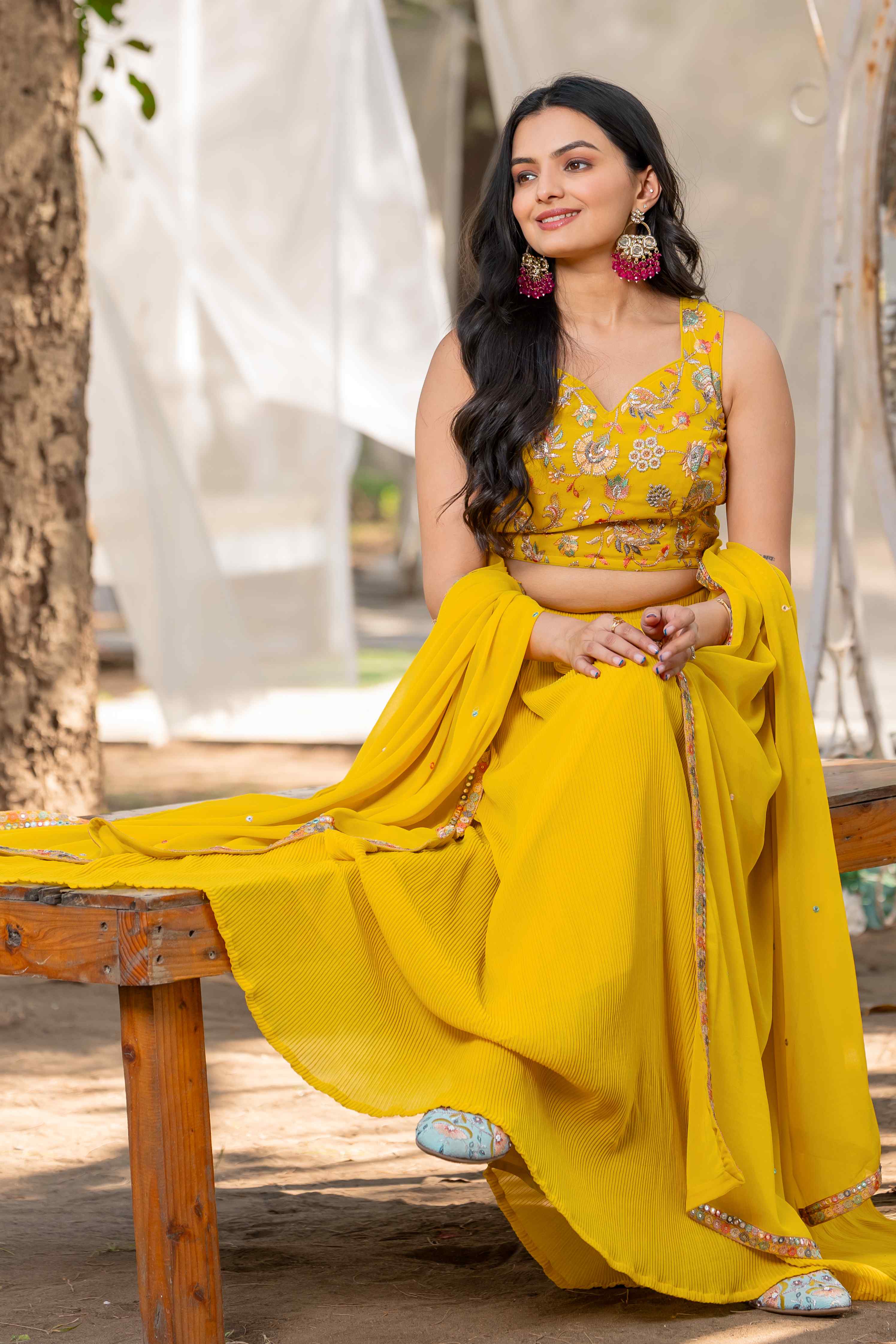 YELLOW FLARED LEHENGA SET WITH BEAUTIFUL EMBROIDERED CHOLI AND EMBROIDERED DUPATTA