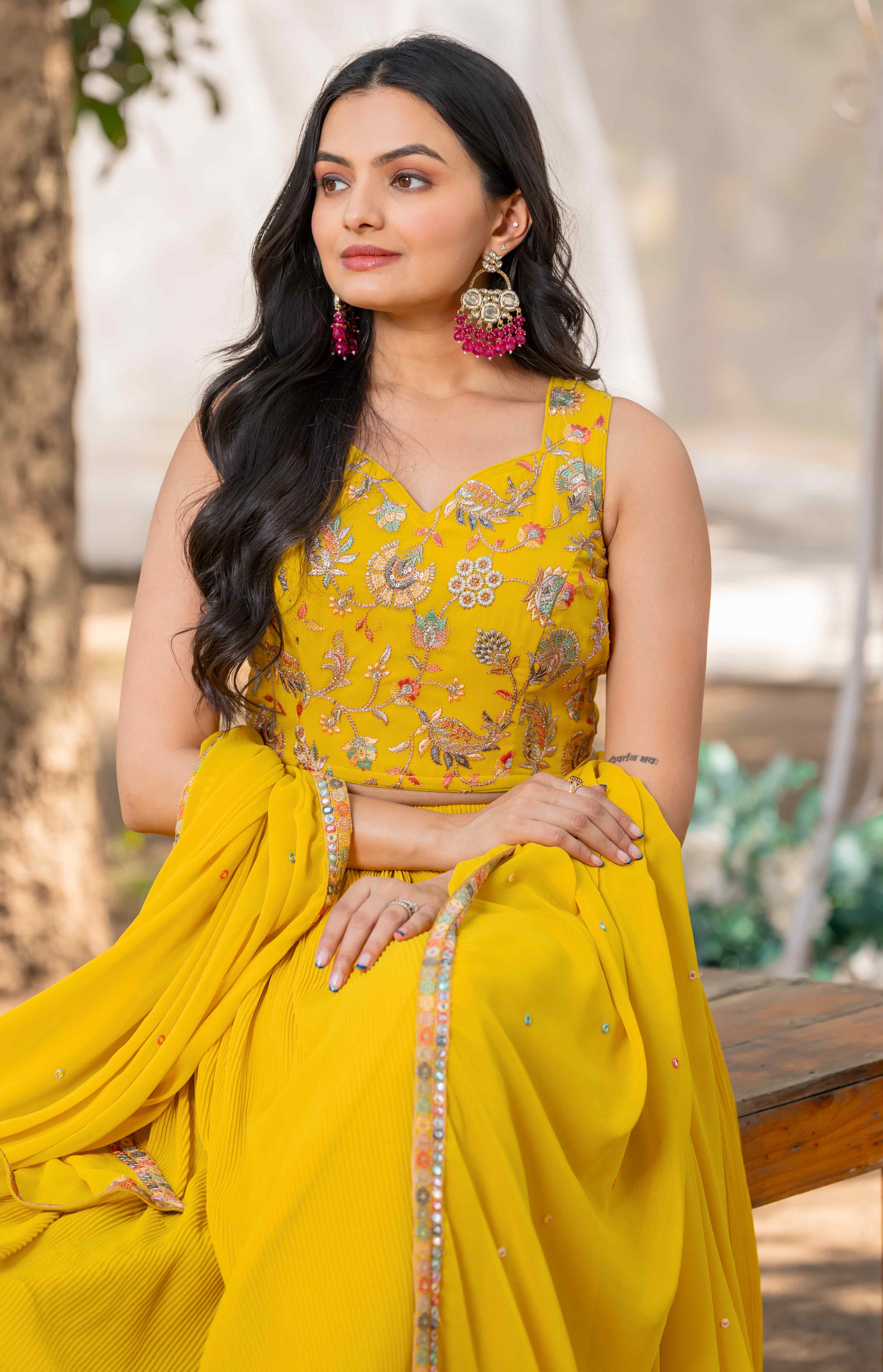 YELLOW FLARED LEHENGA SET WITH BEAUTIFUL EMBROIDERED CHOLI AND EMBROIDERED DUPATTA