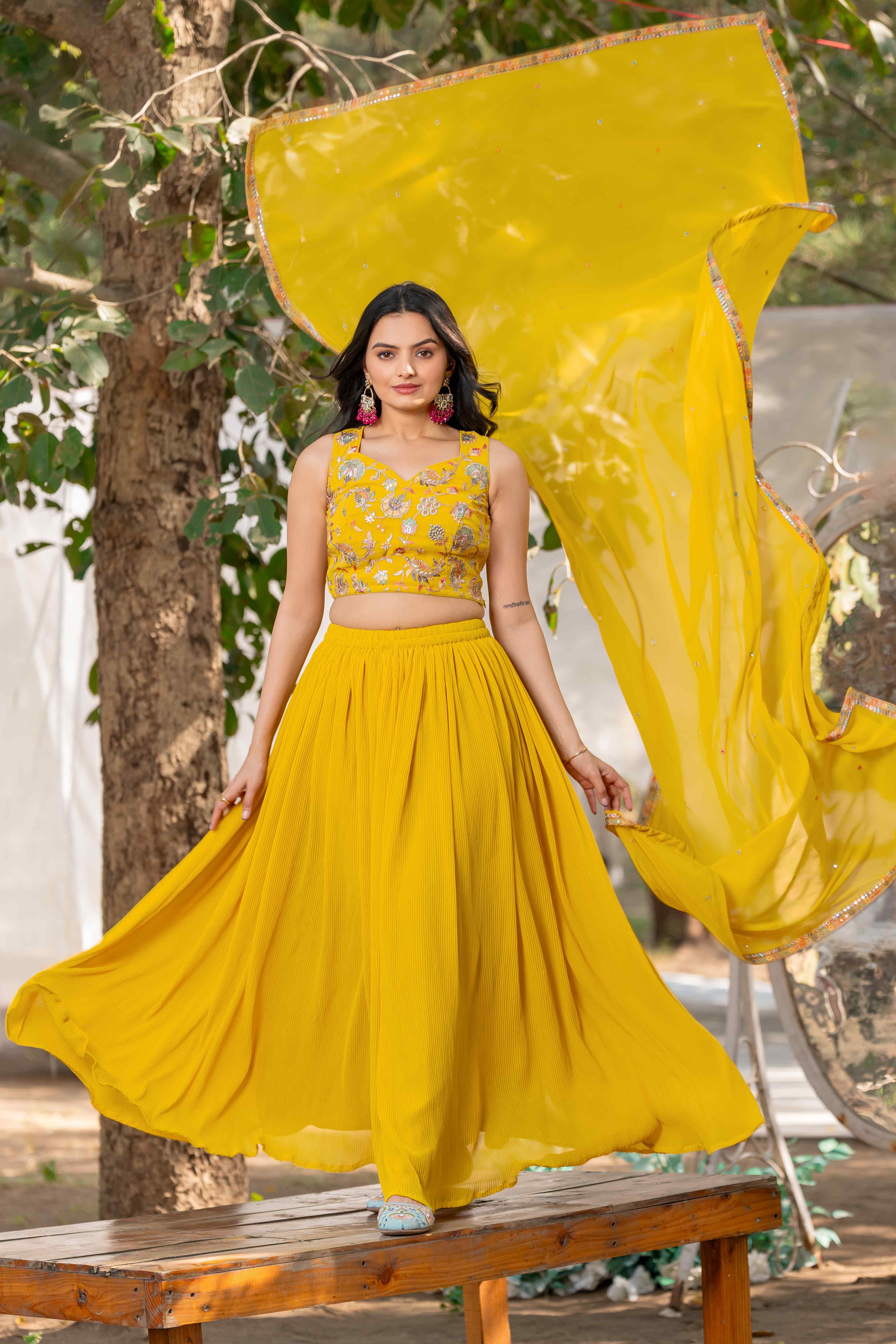 YELLOW FLARED LEHENGA SET WITH BEAUTIFUL EMBROIDERED CHOLI AND EMBROIDERED DUPATTA