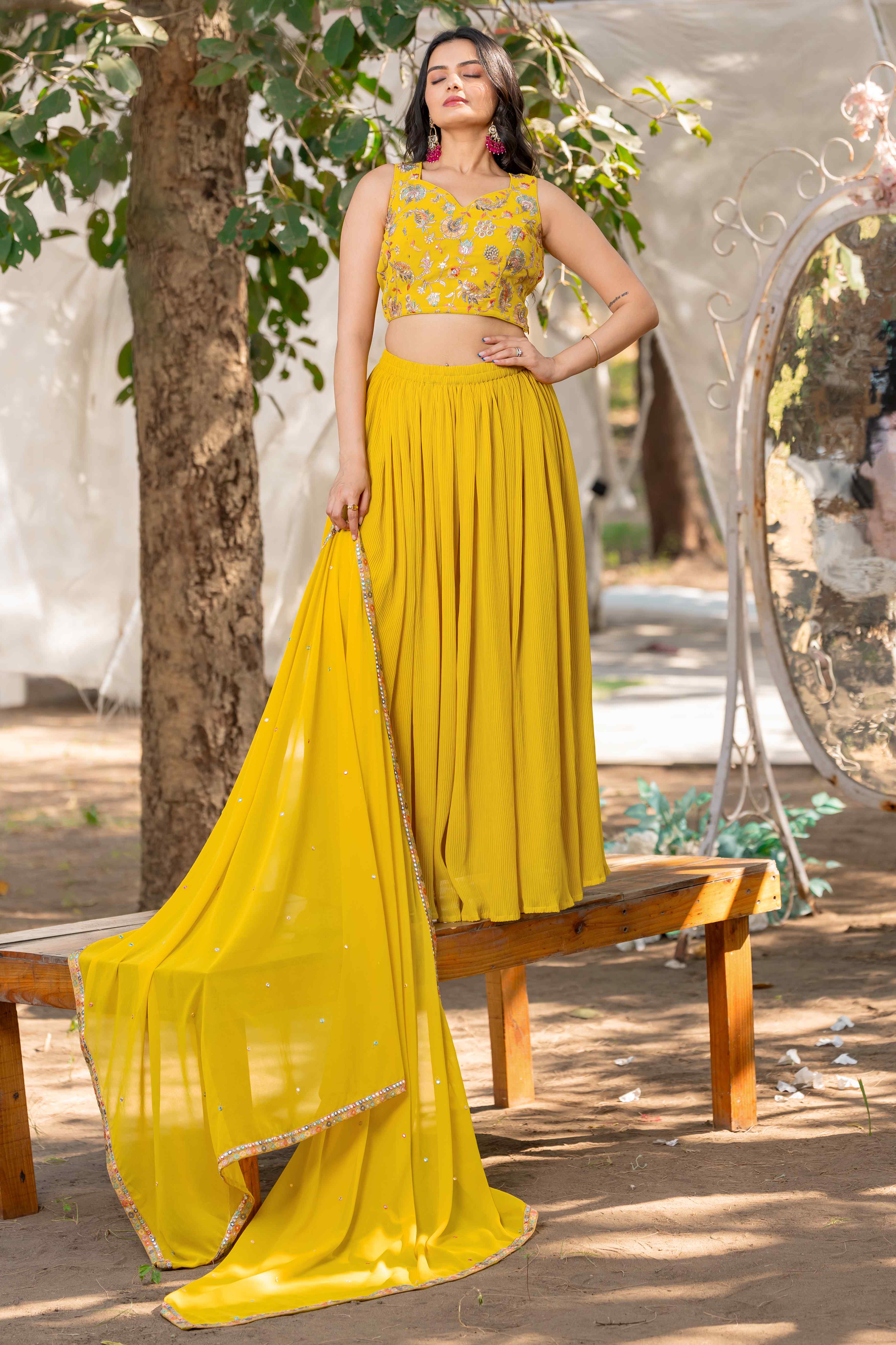 YELLOW FLARED LEHENGA SET WITH BEAUTIFUL EMBROIDERED CHOLI AND EMBROIDERED DUPATTA