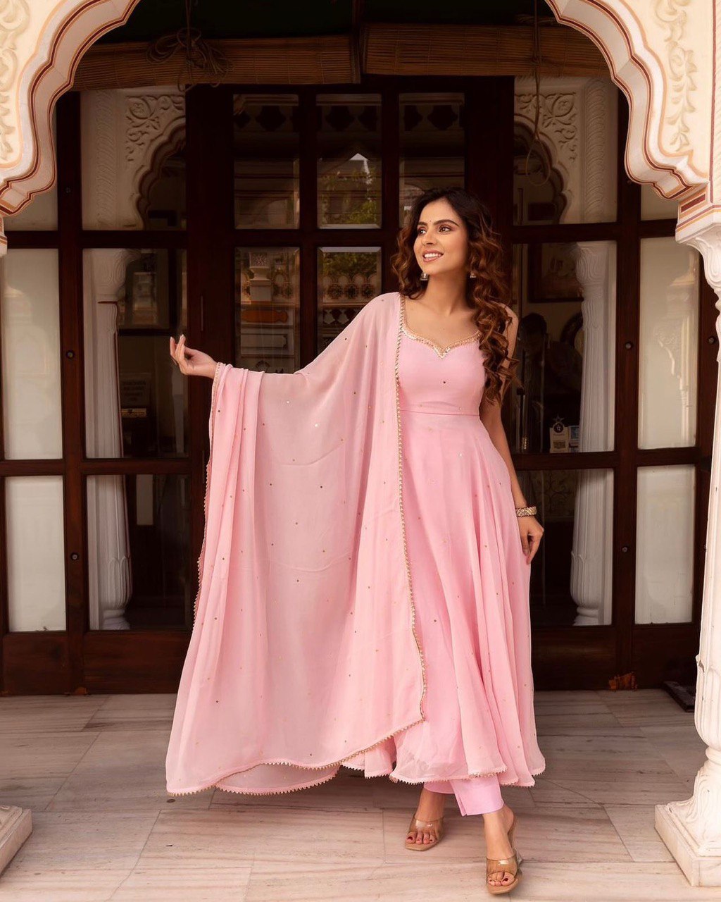 WOMEN'S PINK FLARED DRESS WITH BEAUTIFUL HANDWORK AND MATCHING DUPATTA