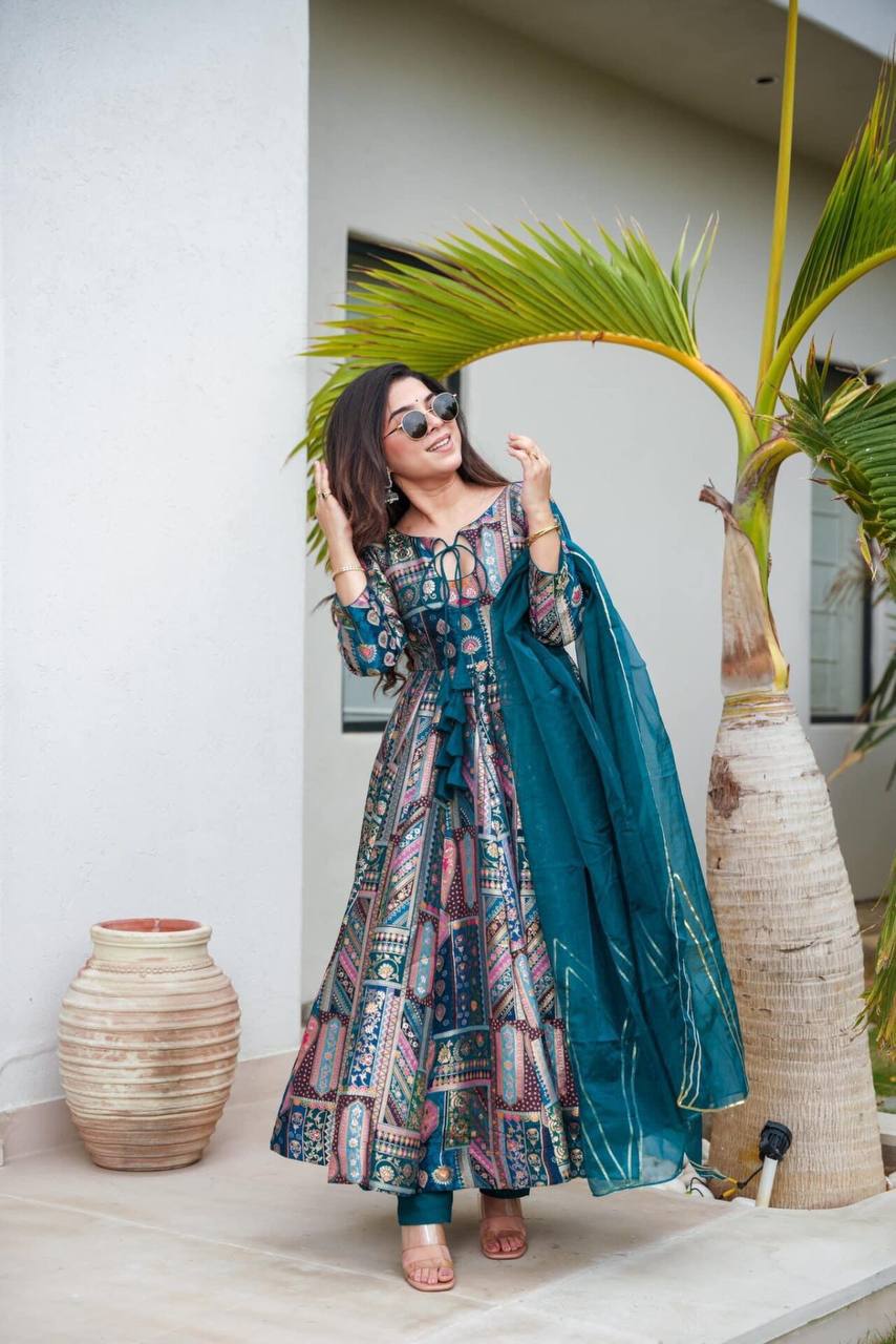 FLARED COLOURFUL GOWN FOR WOMEN WITH DUPATTA