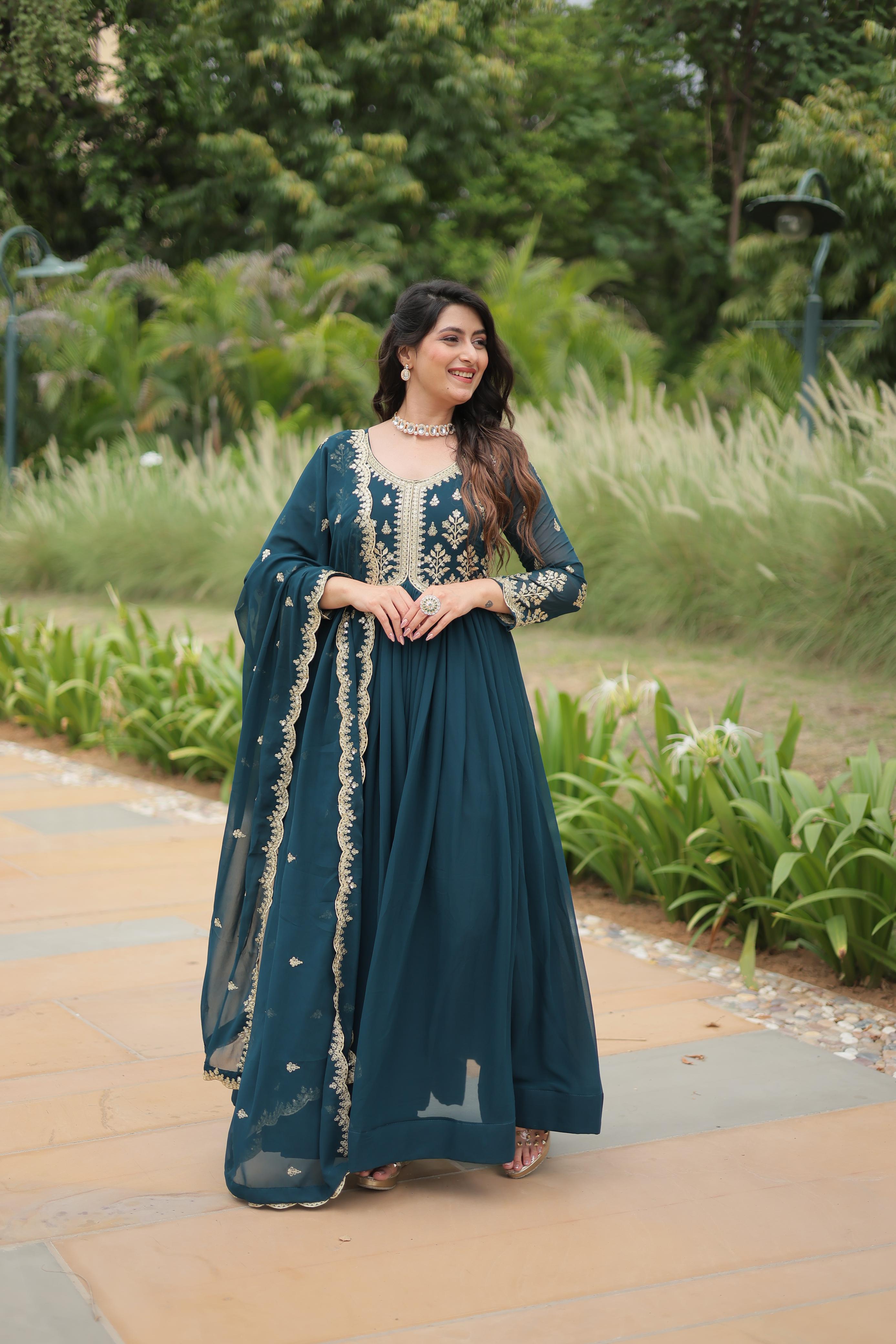 WOMEN'S FLARED GOWN WITH EMBROIDERED DUPATTA