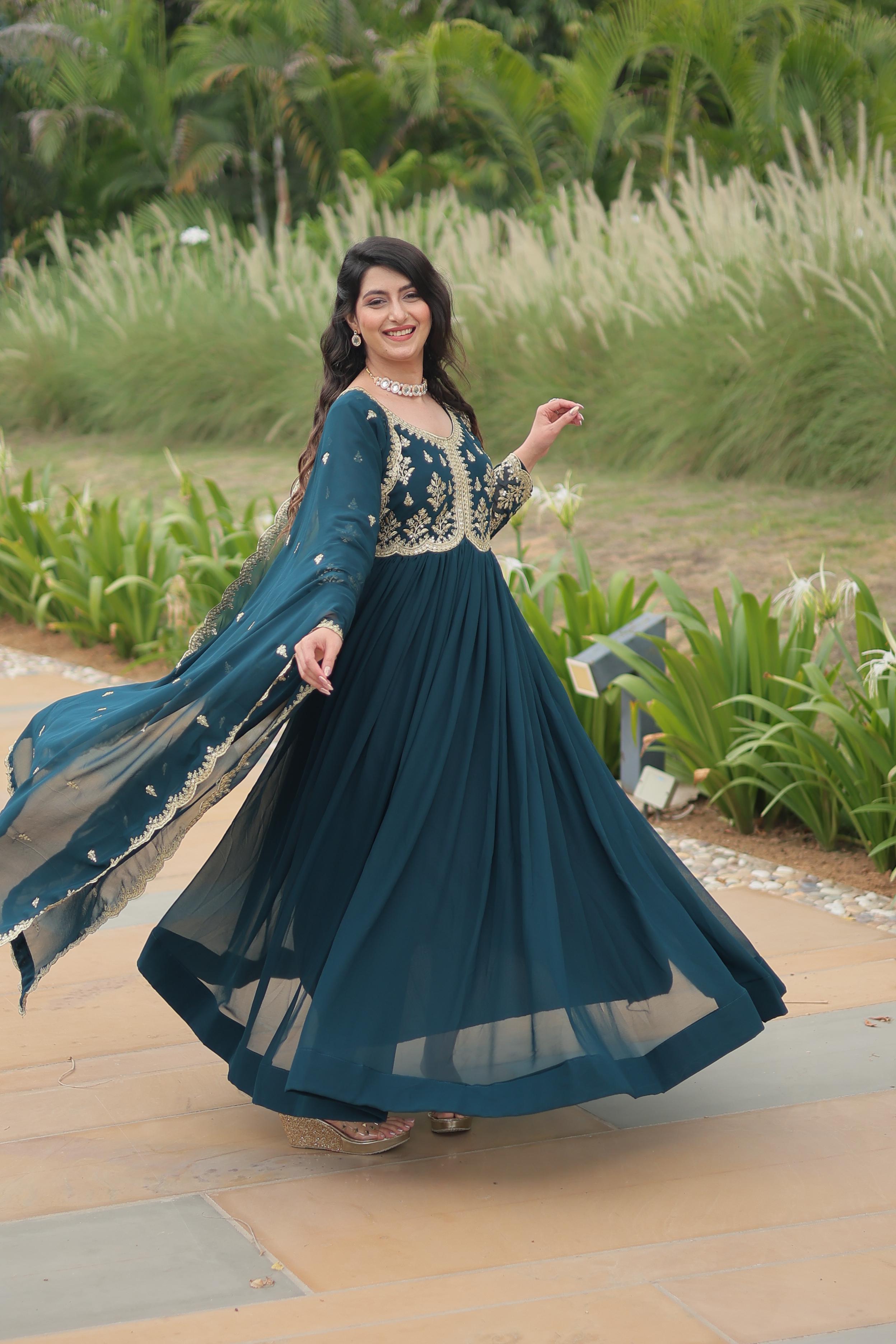 WOMEN'S FLARED GOWN WITH EMBROIDERED DUPATTA