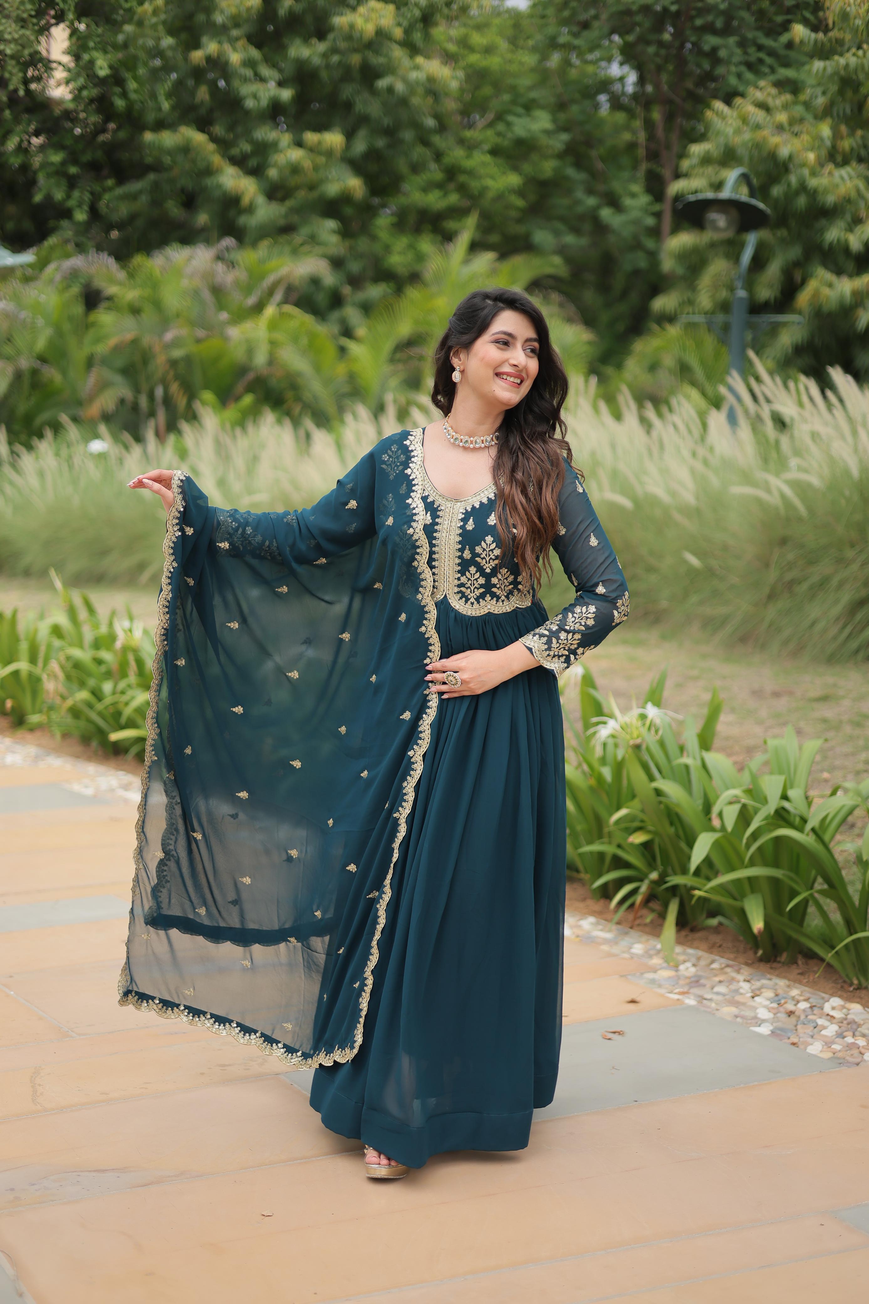 WOMEN'S FLARED GOWN WITH EMBROIDERED DUPATTA