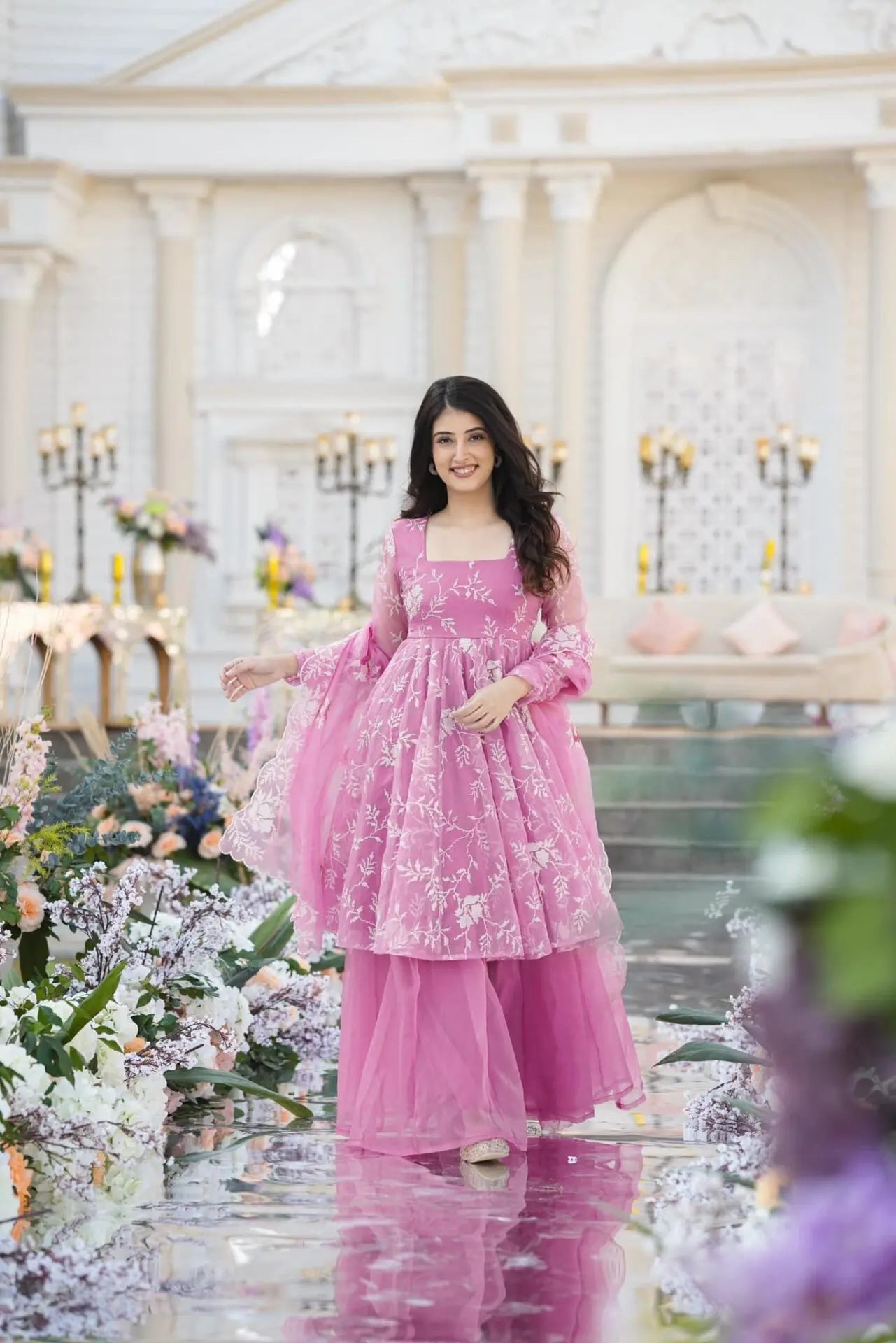 ELEGANT PINK EMBROIDERED KURTA PALAZZO SET WITH DUPATTA