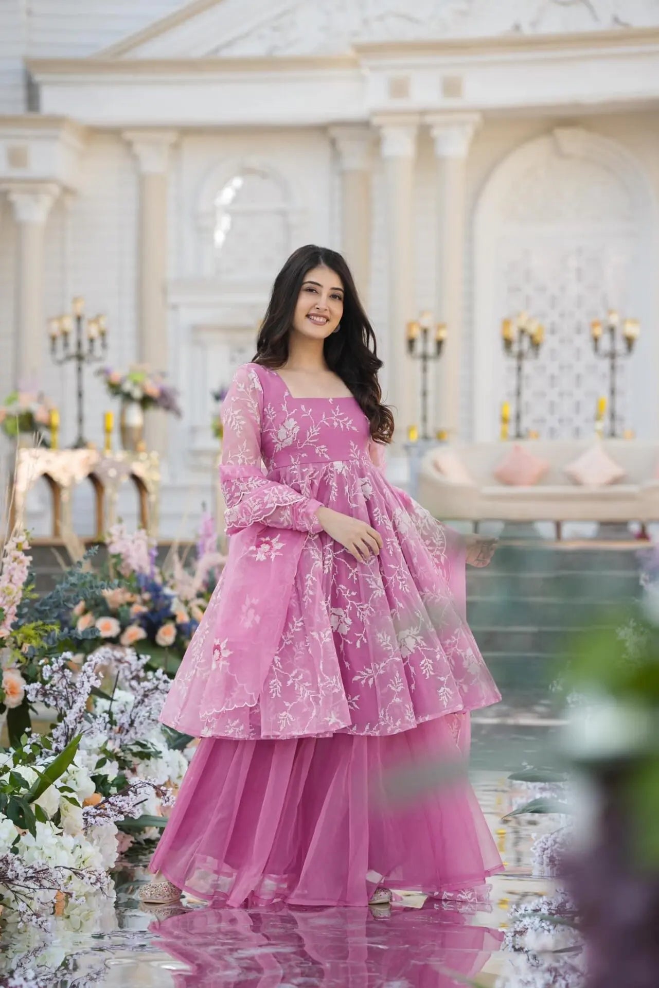 ELEGANT PINK EMBROIDERED KURTA PALAZZO SET WITH DUPATTA