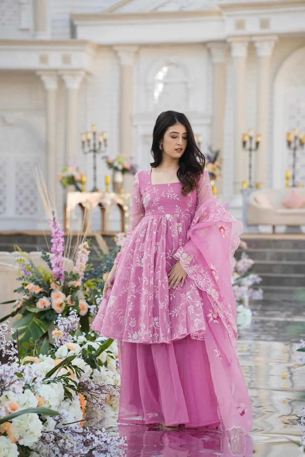 ELEGANT PINK EMBROIDERED KURTA PALAZZO SET WITH DUPATTA