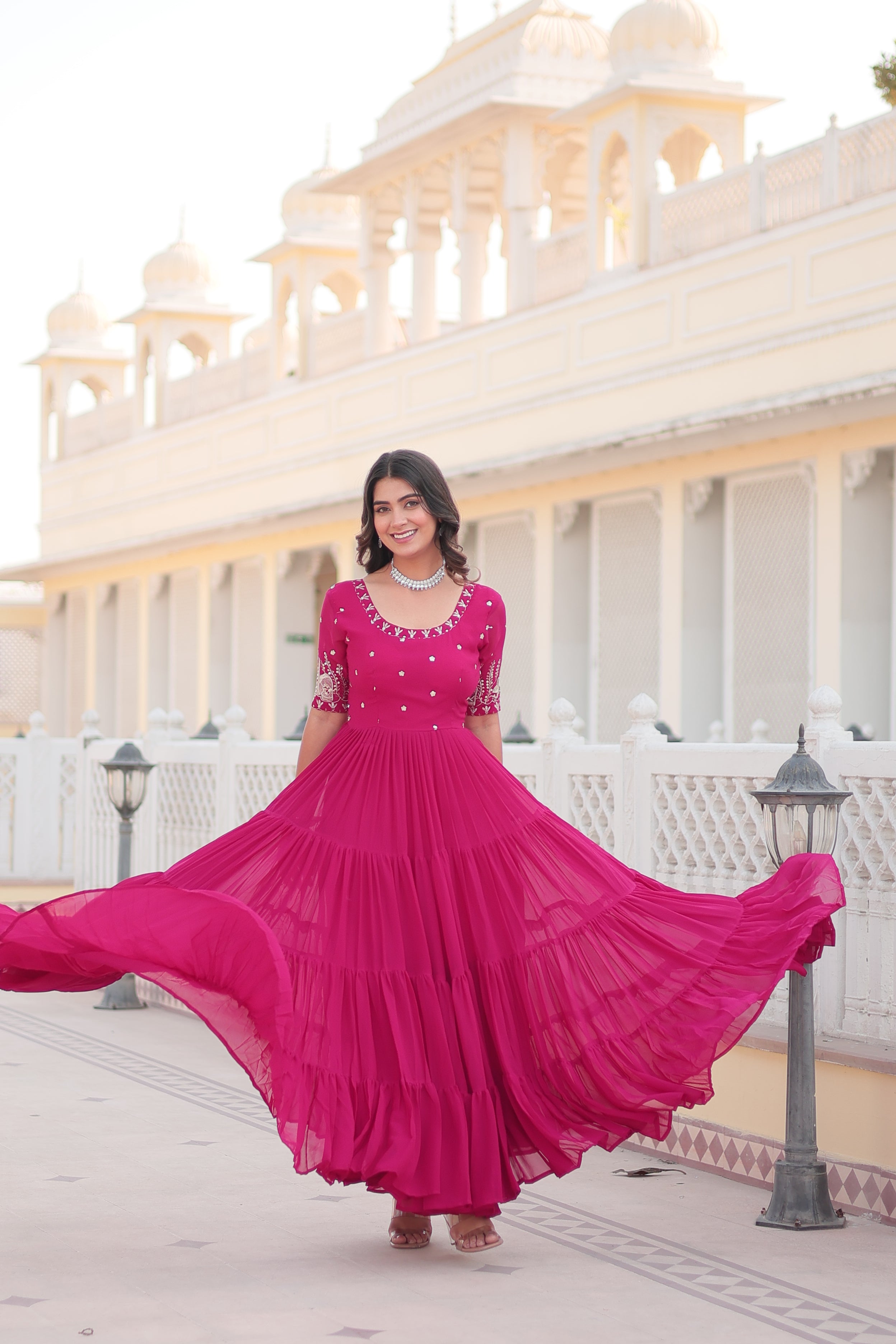 PARTY WEAR DESIGNER GOWN WITH FLARE AND EMBROIDERY WORK