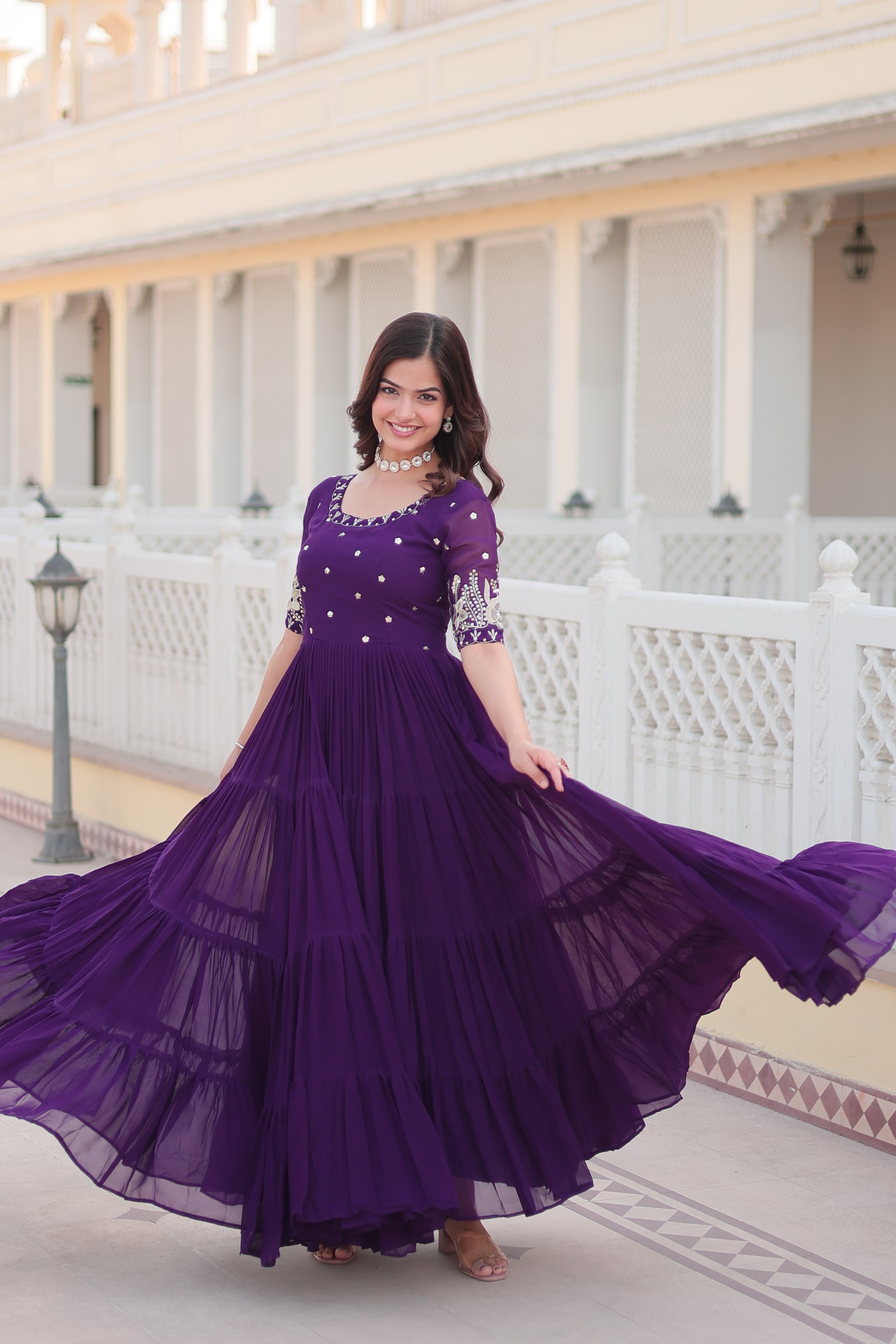 PARTY WEAR DESIGNER GOWN WITH FLARE AND EMBROIDERY WORK