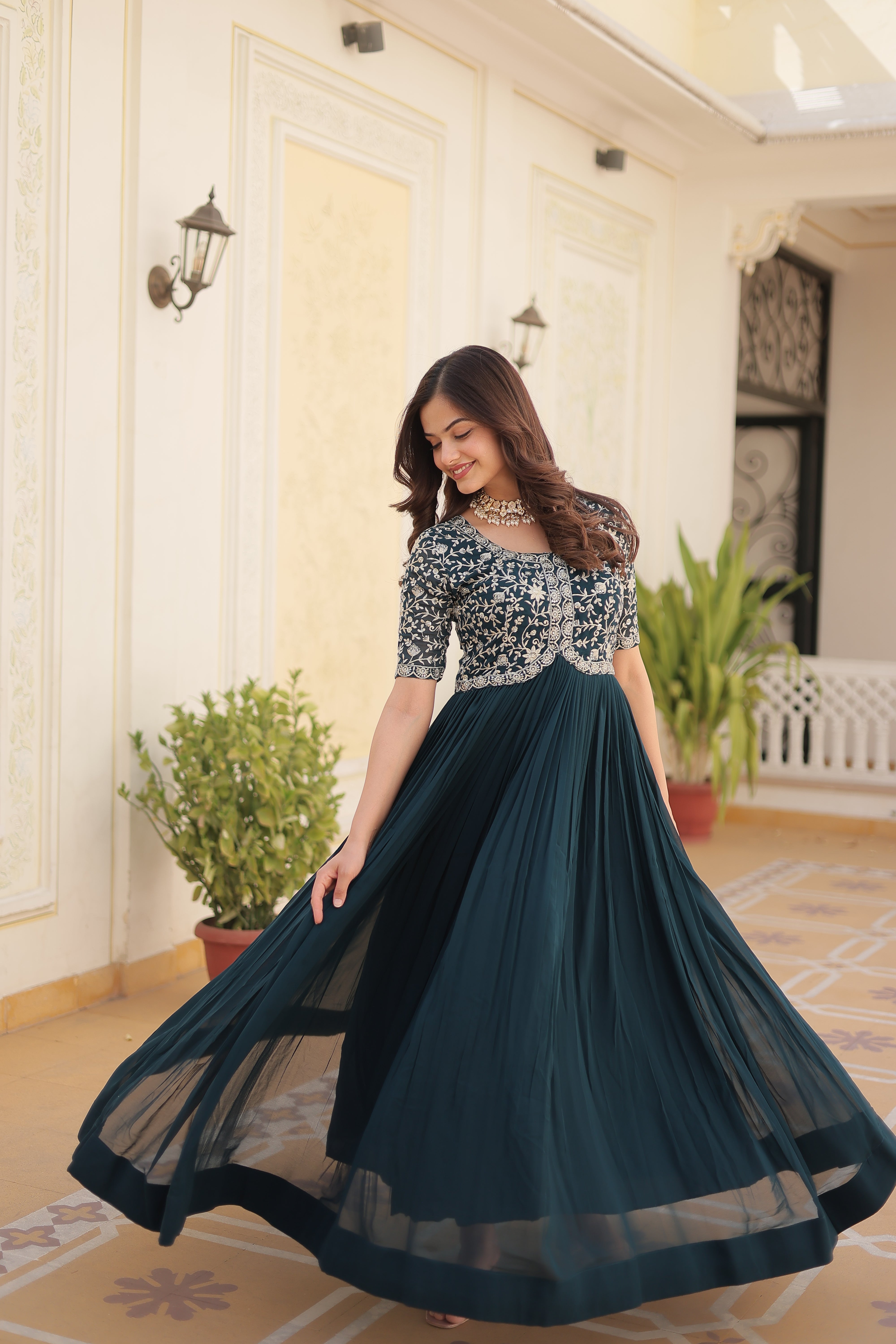 PARTY WEAR FESTIVAL WEAR EMBROIDERED FLARED GOWN FOR WOMEN IN GEORGETTE FABRIC