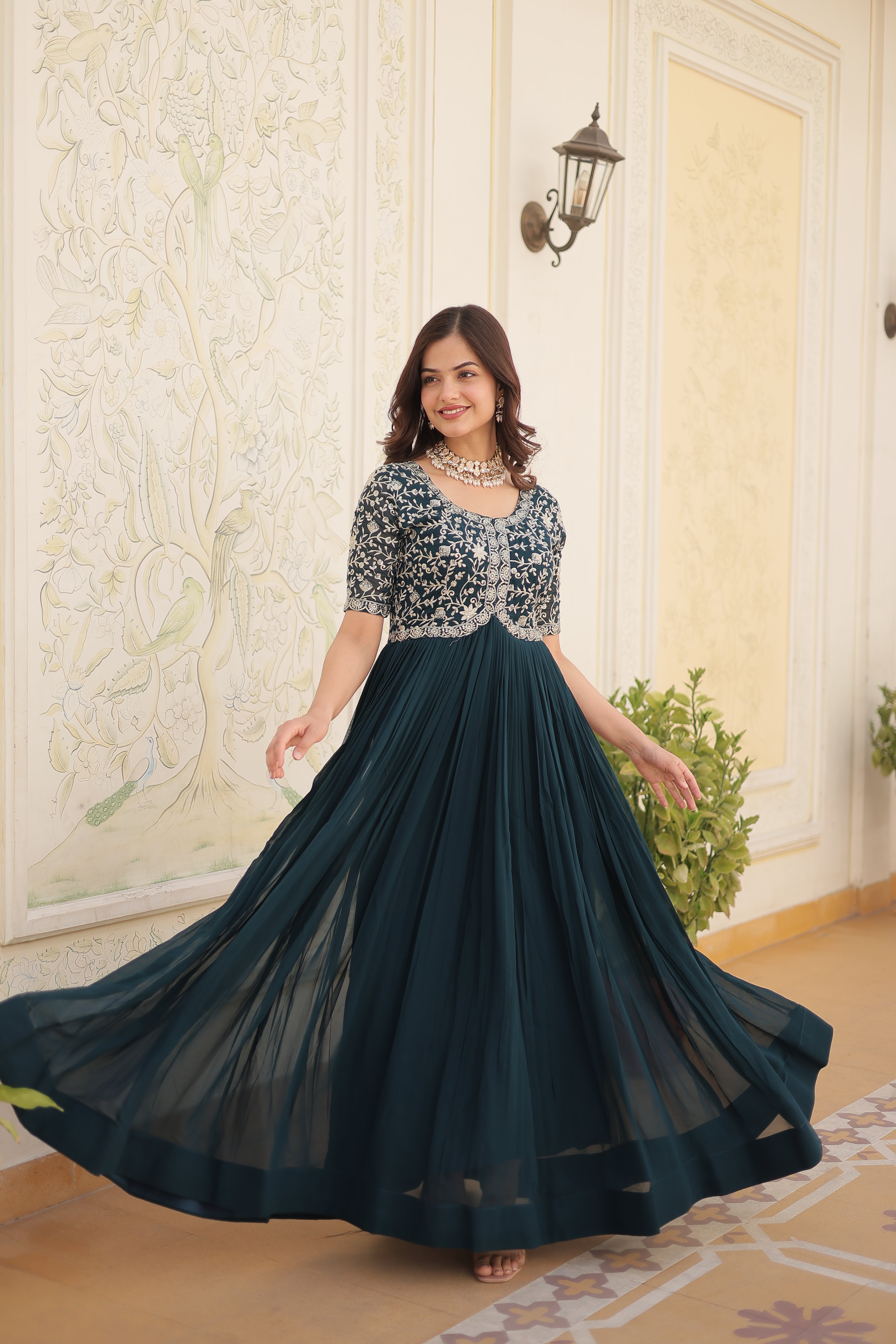 PARTY WEAR FESTIVAL WEAR EMBROIDERED FLARED GOWN FOR WOMEN IN GEORGETTE FABRIC