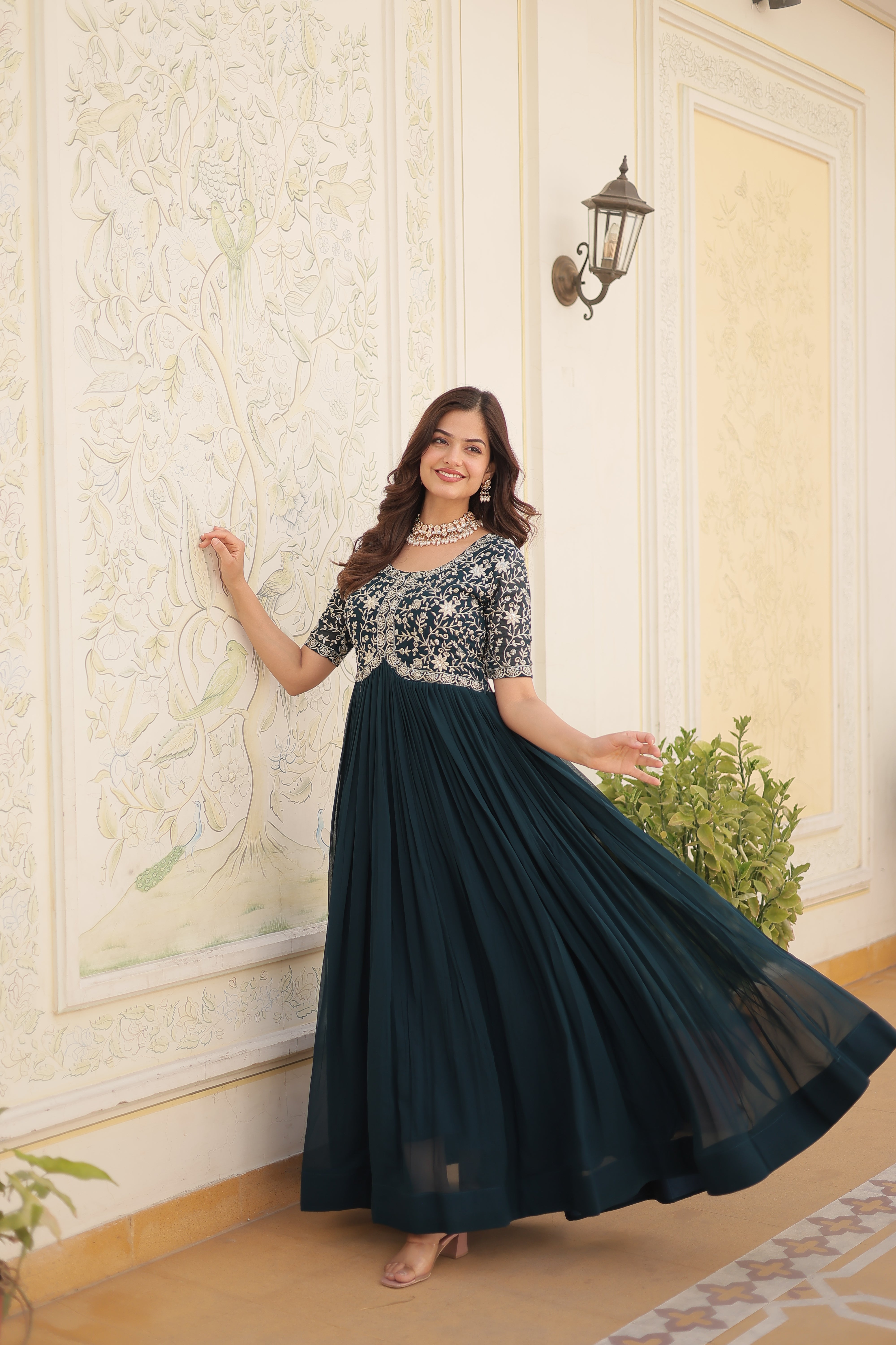 PARTY WEAR FESTIVAL WEAR EMBROIDERED FLARED GOWN FOR WOMEN IN GEORGETTE FABRIC