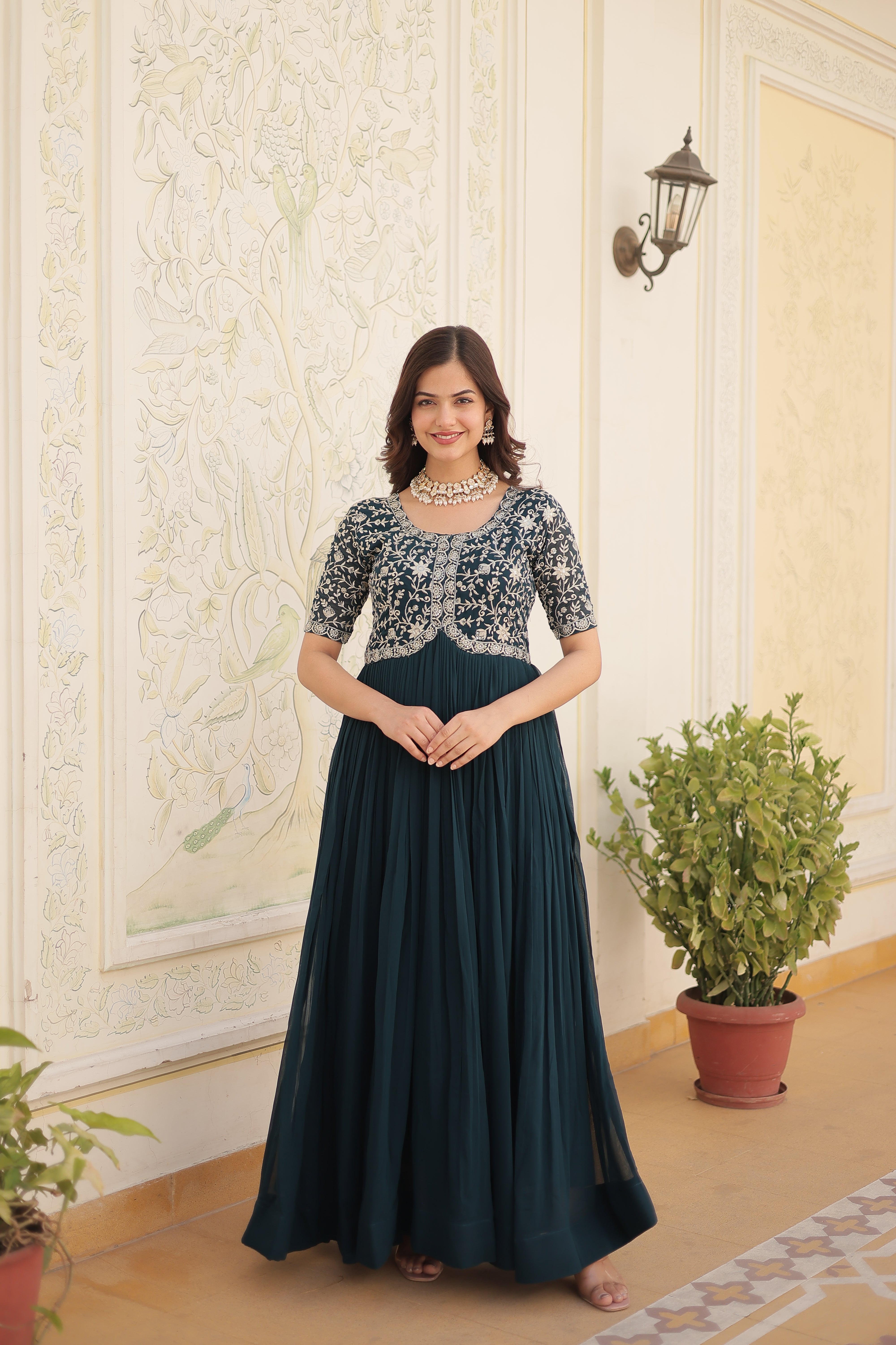 PARTY WEAR FESTIVAL WEAR EMBROIDERED FLARED GOWN FOR WOMEN IN GEORGETTE FABRIC