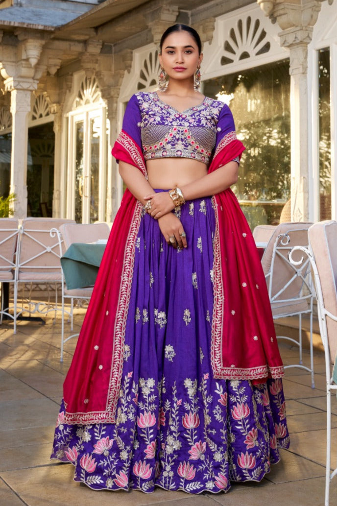 SILK EMBROIDERED LEHENGA CHOLI SET WITH FANCY EMBROIDERY BLOUSE AND CONTRAST DUPATTA