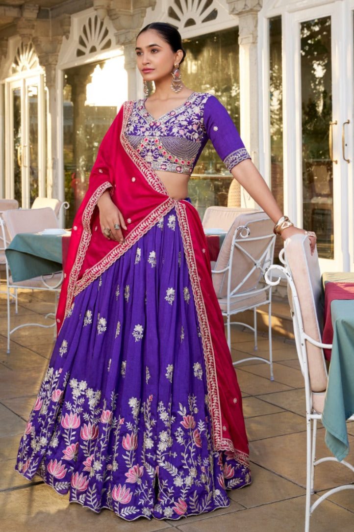 SILK EMBROIDERED LEHENGA CHOLI SET WITH FANCY EMBROIDERY BLOUSE AND CONTRAST DUPATTA