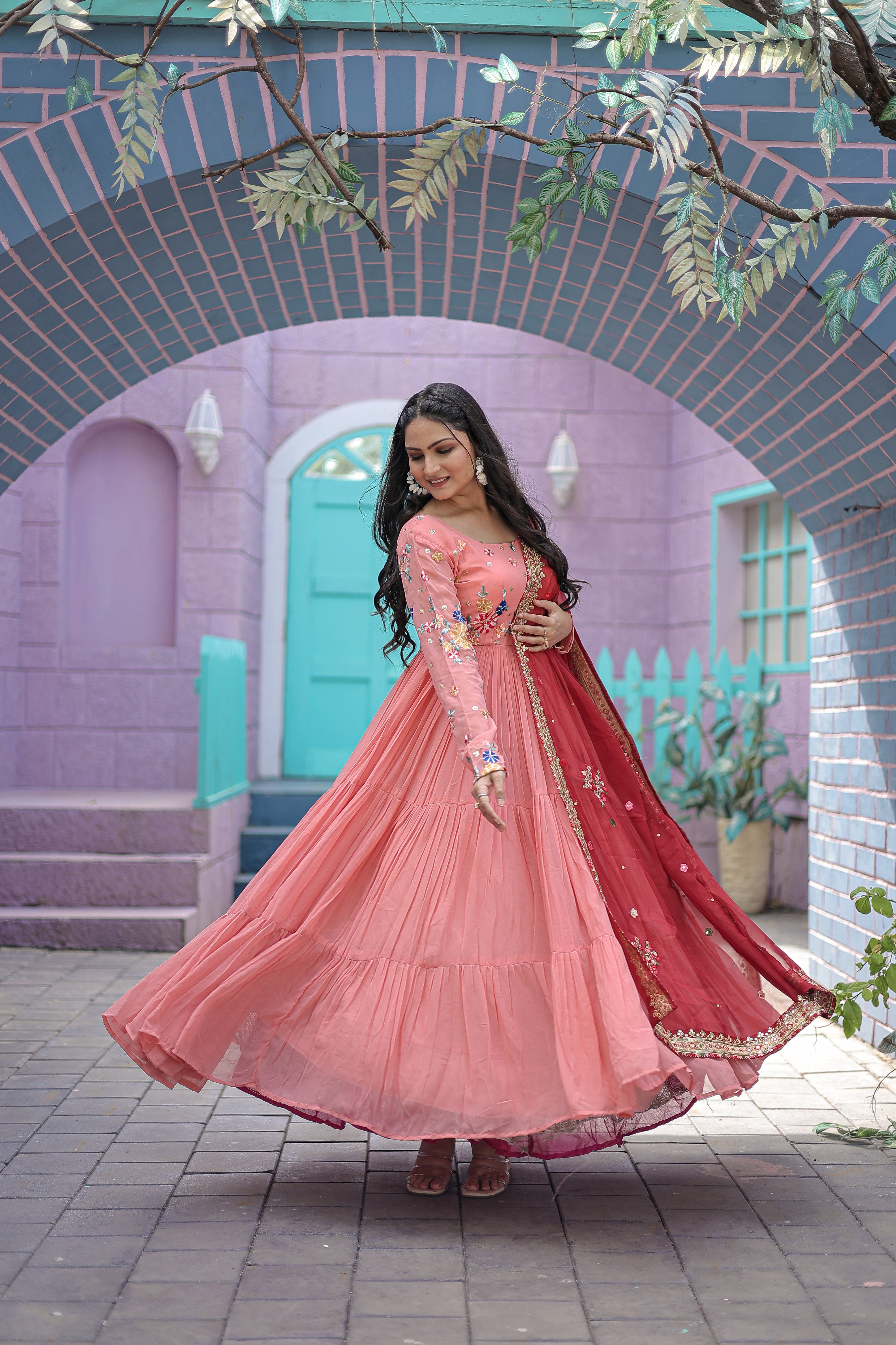 FAUX GEORGETTE GOWN WITH RUSSIAN SILK DUPATTA WITH ADORABLE EMBROIDERED THREAD WORK