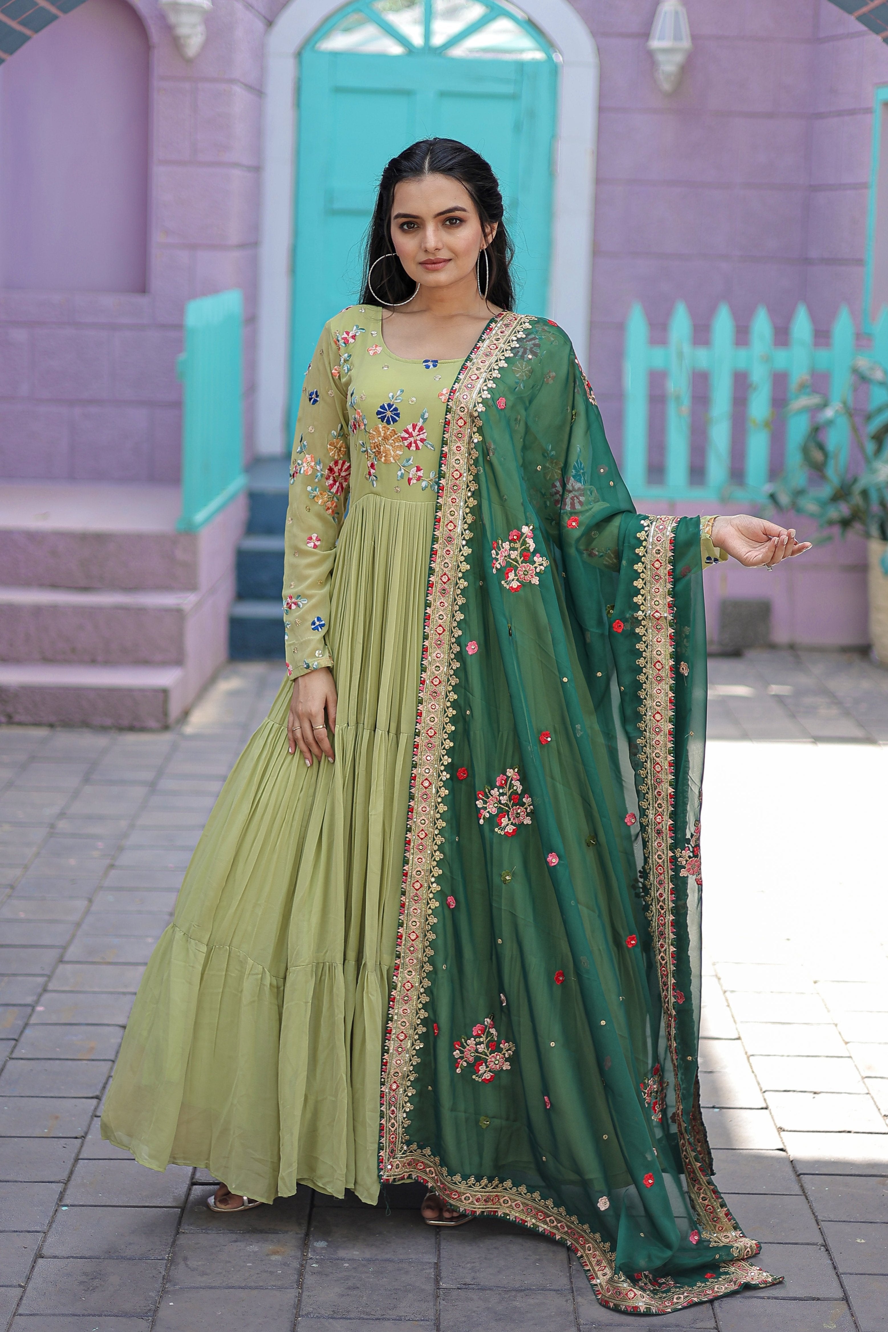 FAUX GEORGETTE GOWN WITH RUSSIAN SILK DUPATTA WITH ADORABLE EMBROIDERED THREAD WORK