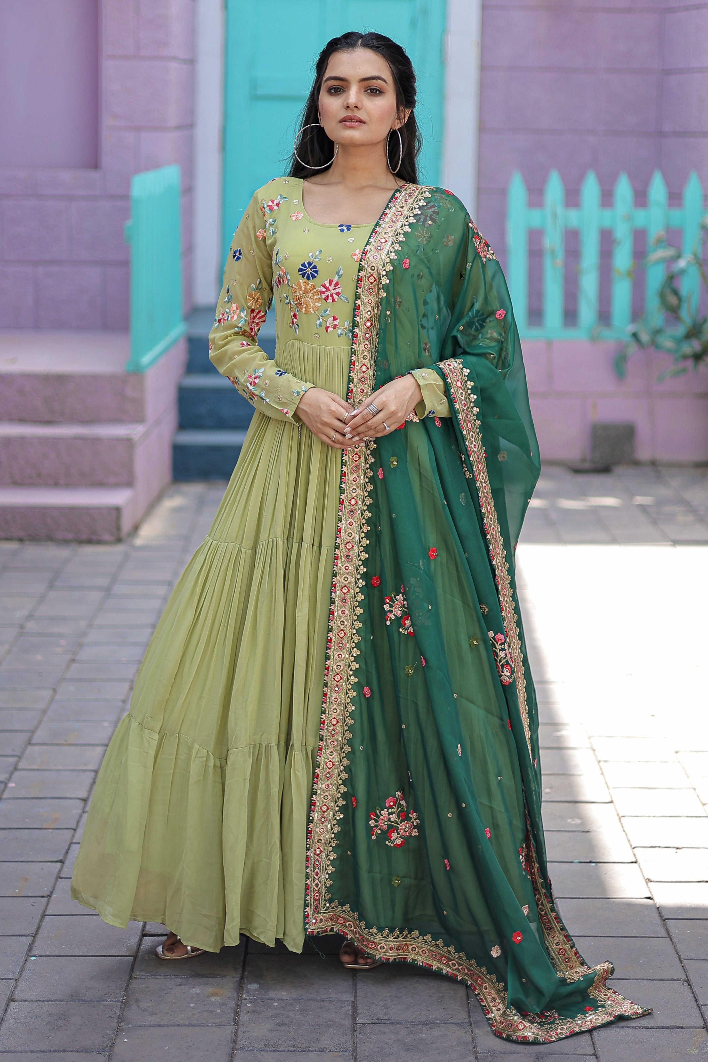 FAUX GEORGETTE GOWN WITH RUSSIAN SILK DUPATTA WITH ADORABLE EMBROIDERED THREAD WORK