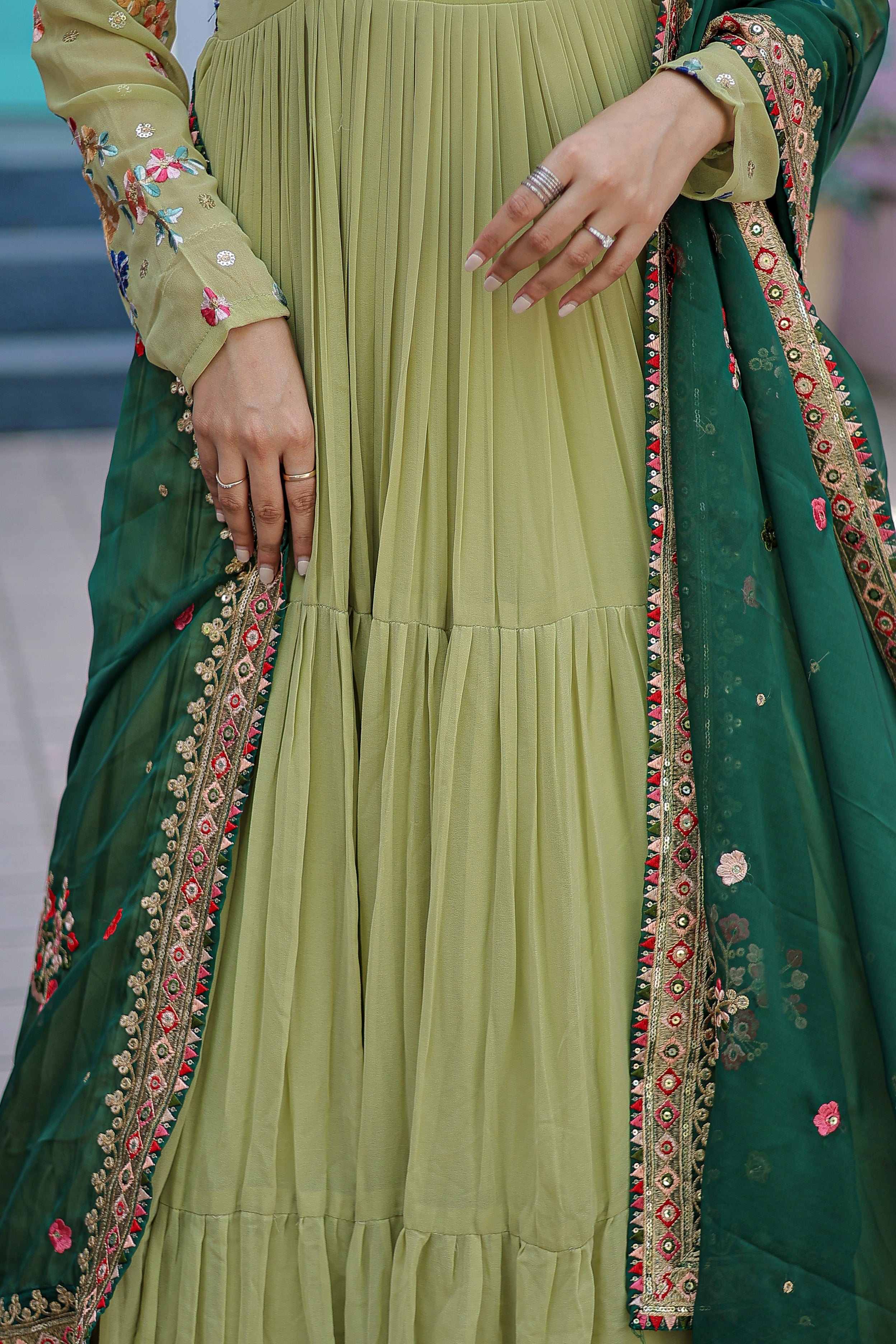 FAUX GEORGETTE GOWN WITH RUSSIAN SILK DUPATTA WITH ADORABLE EMBROIDERED THREAD WORK