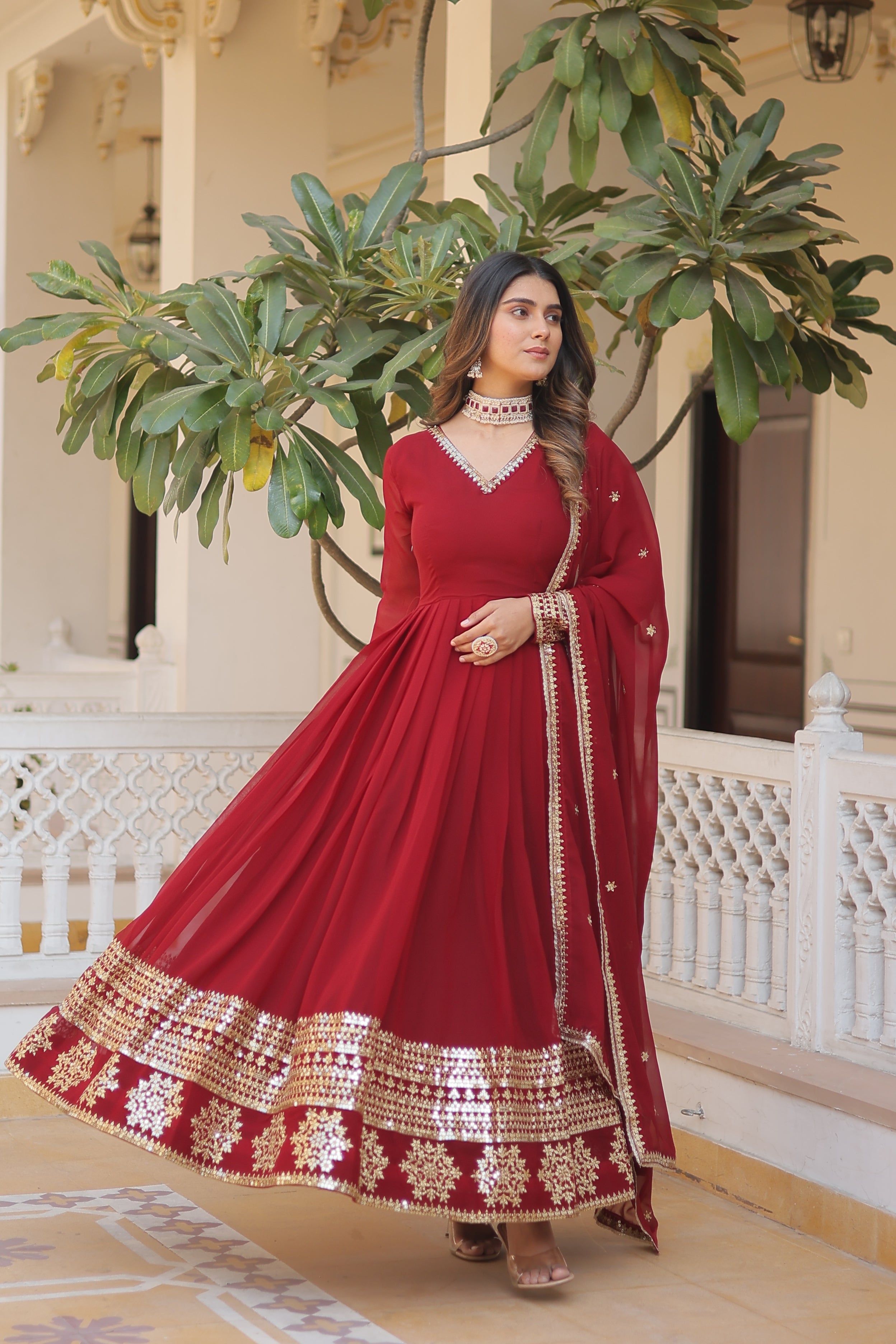 FESTIVAL & PARTY WEAR TRADITIONAL FLARED GOWN WITH EMBROIDERED DUPATTA SET