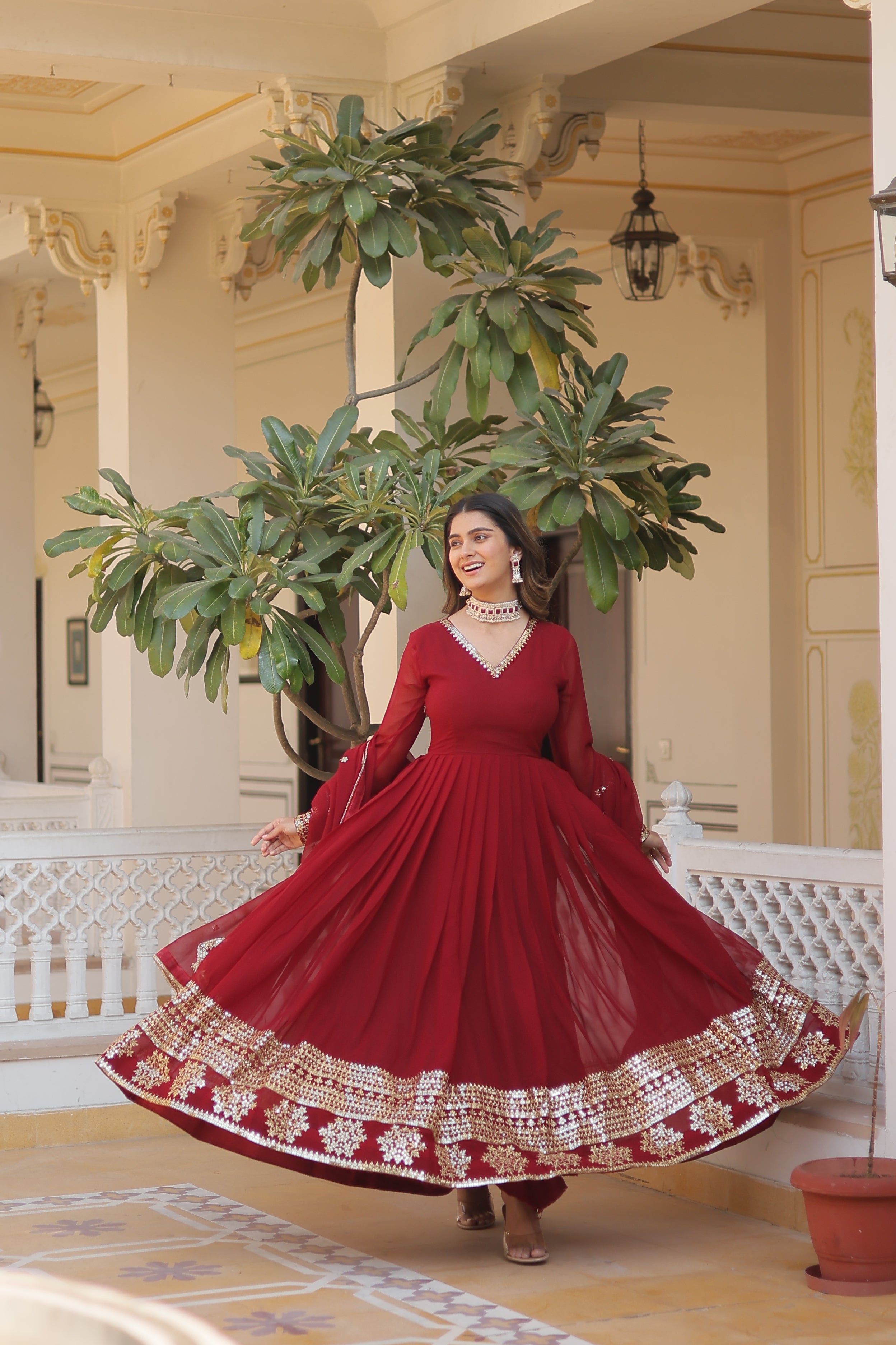 FESTIVAL & PARTY WEAR TRADITIONAL FLARED GOWN WITH EMBROIDERED DUPATTA SET