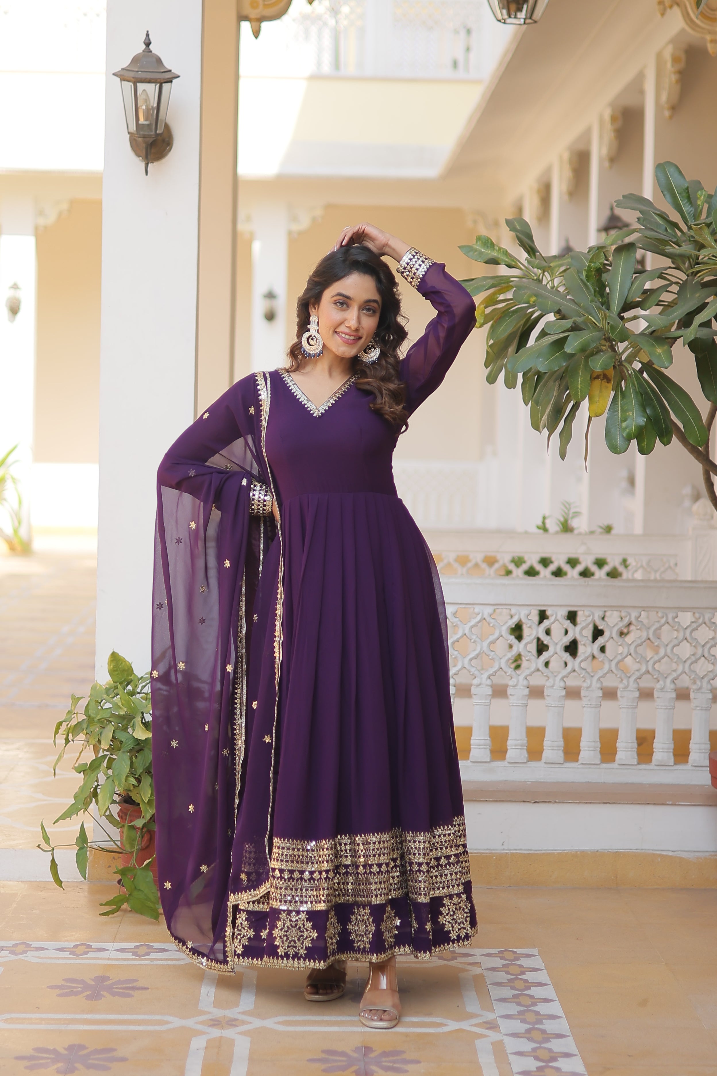 FESTIVAL & PARTY WEAR TRADITIONAL FLARED GOWN WITH EMBROIDERED DUPATTA SET