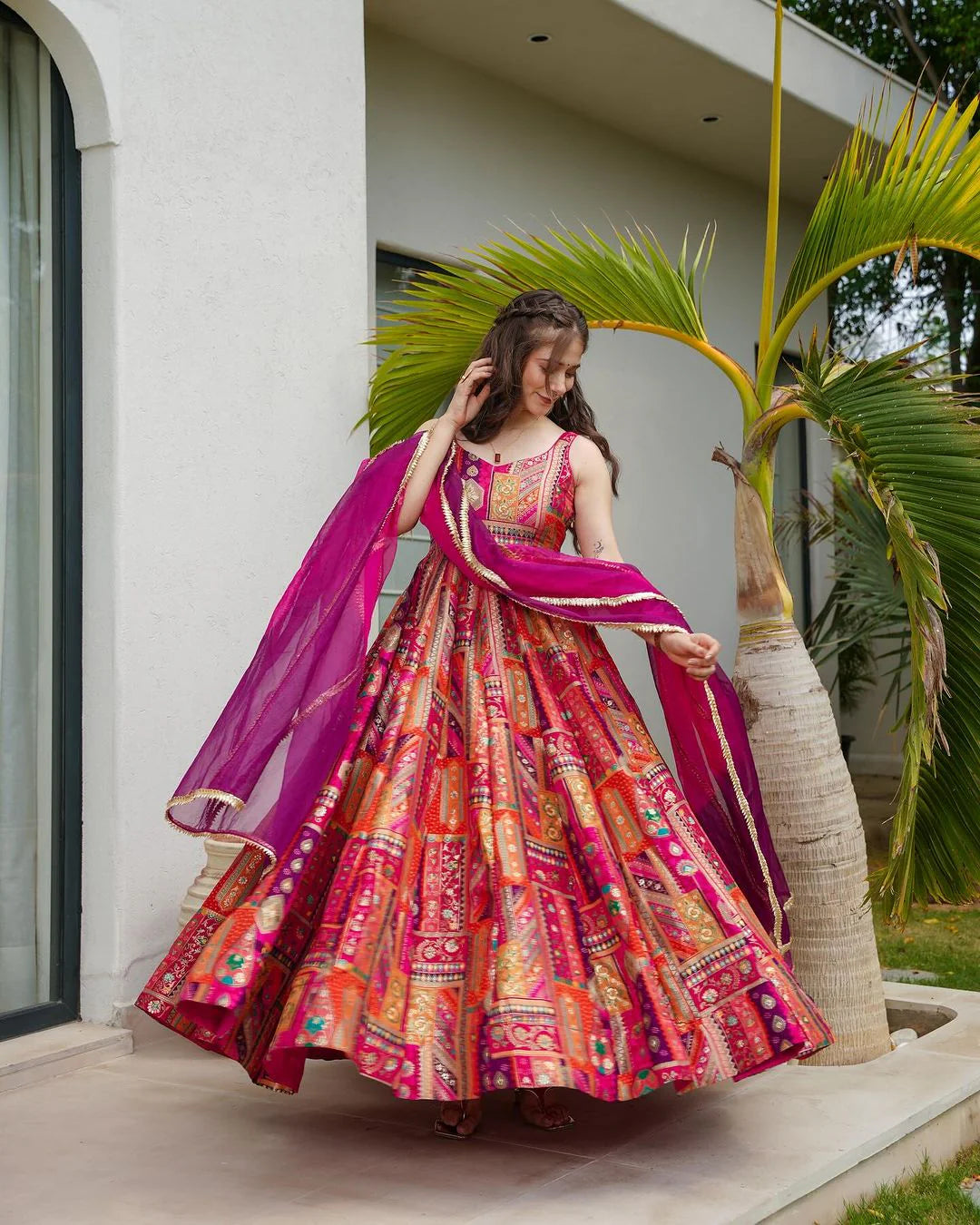 FLARED COLOURFUL GOWN FOR WOMEN WITH DUPATTA