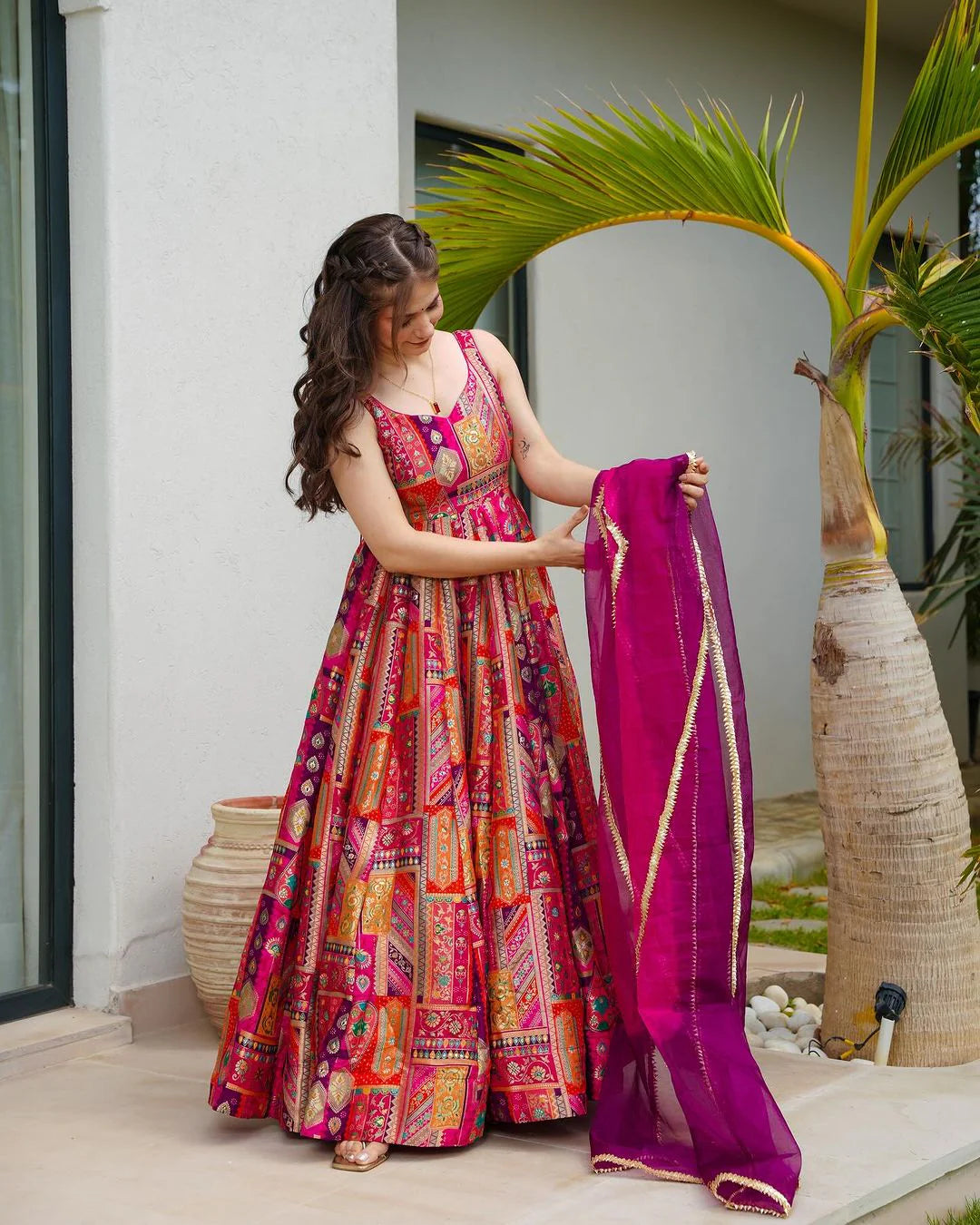 FLARED COLOURFUL GOWN FOR WOMEN WITH DUPATTA