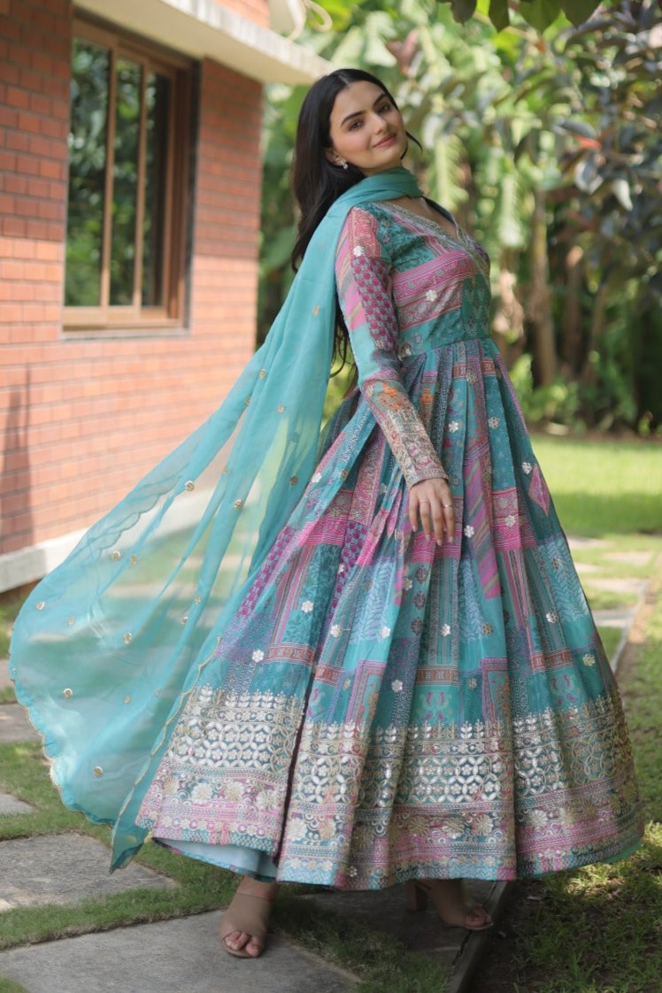 WOMEN PARTY WEAR SILK GOWN WITH EMBROIDERED DUPATTA COLLECTION