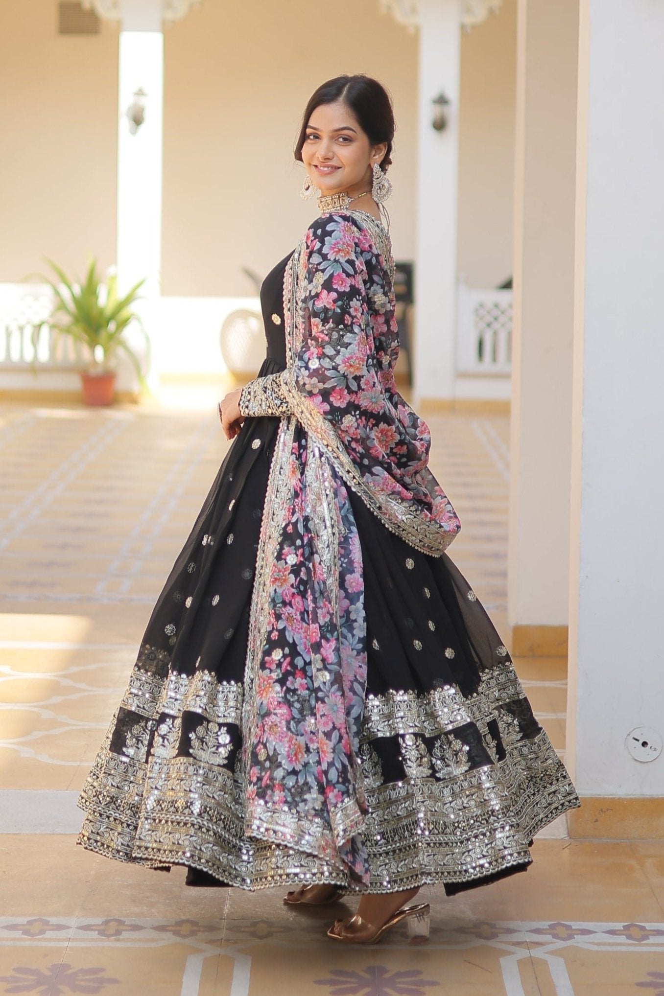 FESTIVAL READY MADE FLARED EMBROIDERED GOWN FOR WOMEN WITH PRINTED DUPATTA SET