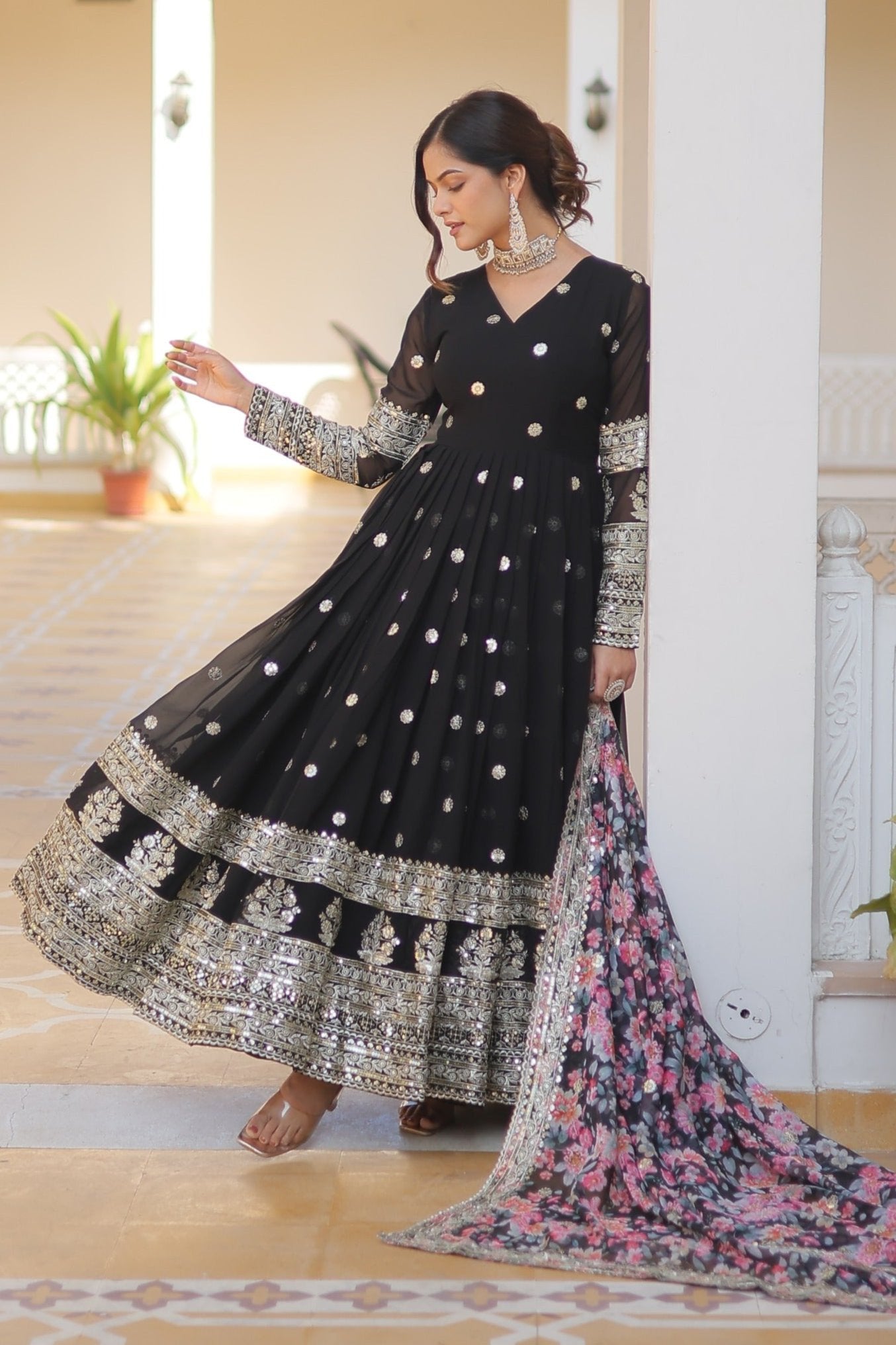 FESTIVAL READY MADE FLARED EMBROIDERED GOWN FOR WOMEN WITH PRINTED DUPATTA SET